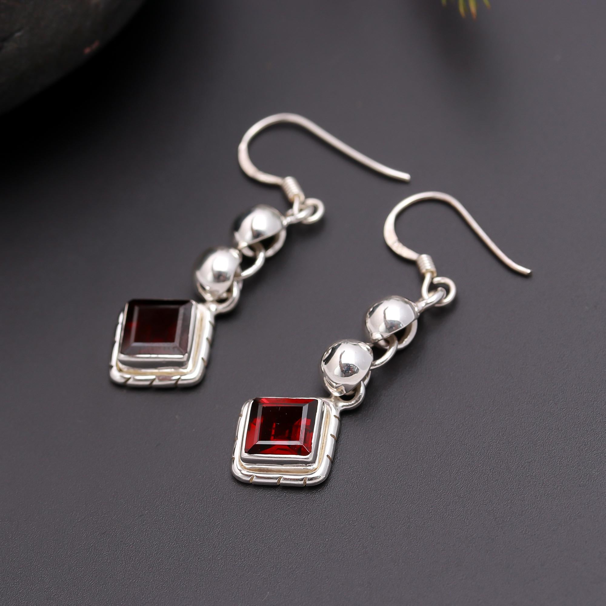 925 Silver Beads Garnet Dangle Earrings