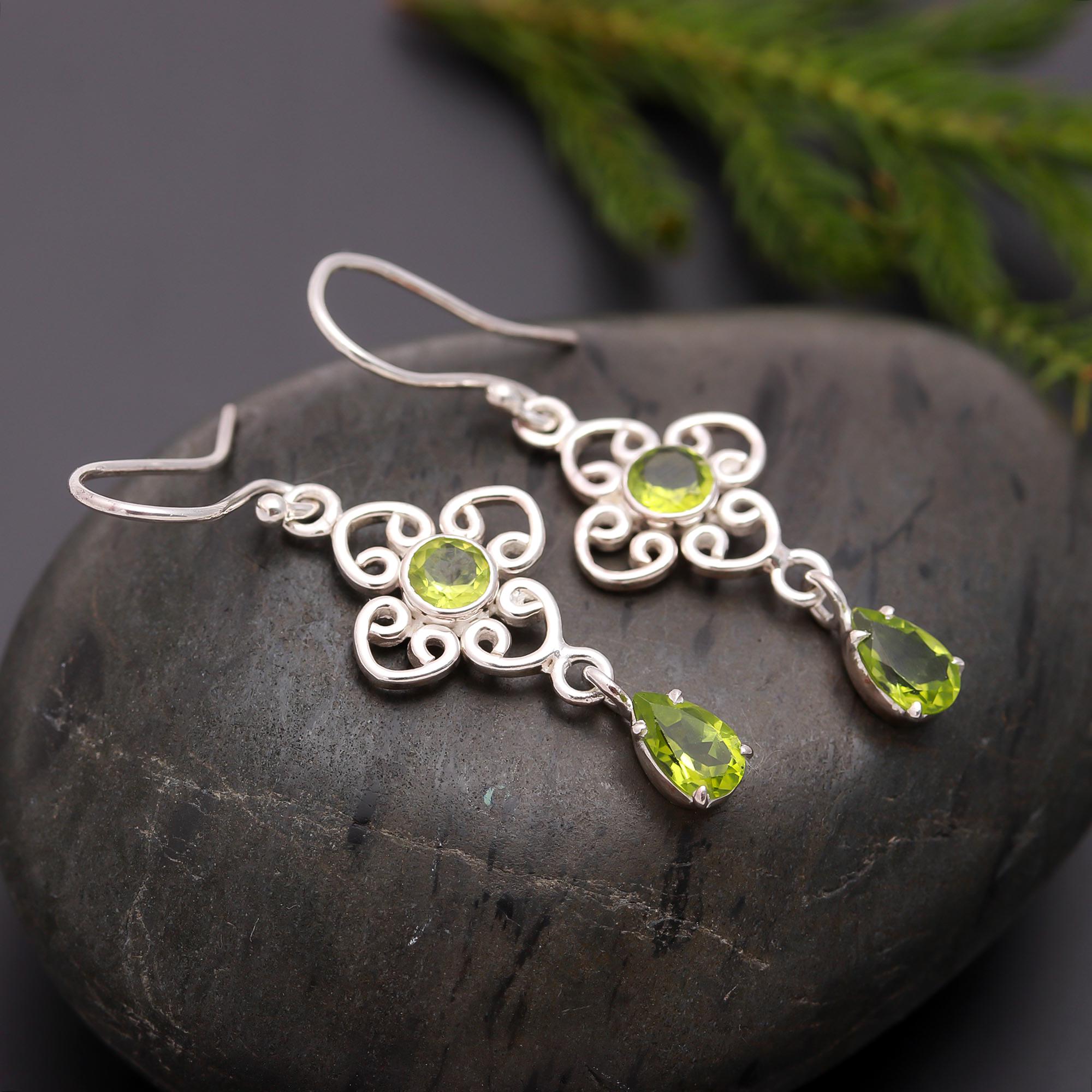 925 Silver Peridot Drop Dangle Earrings