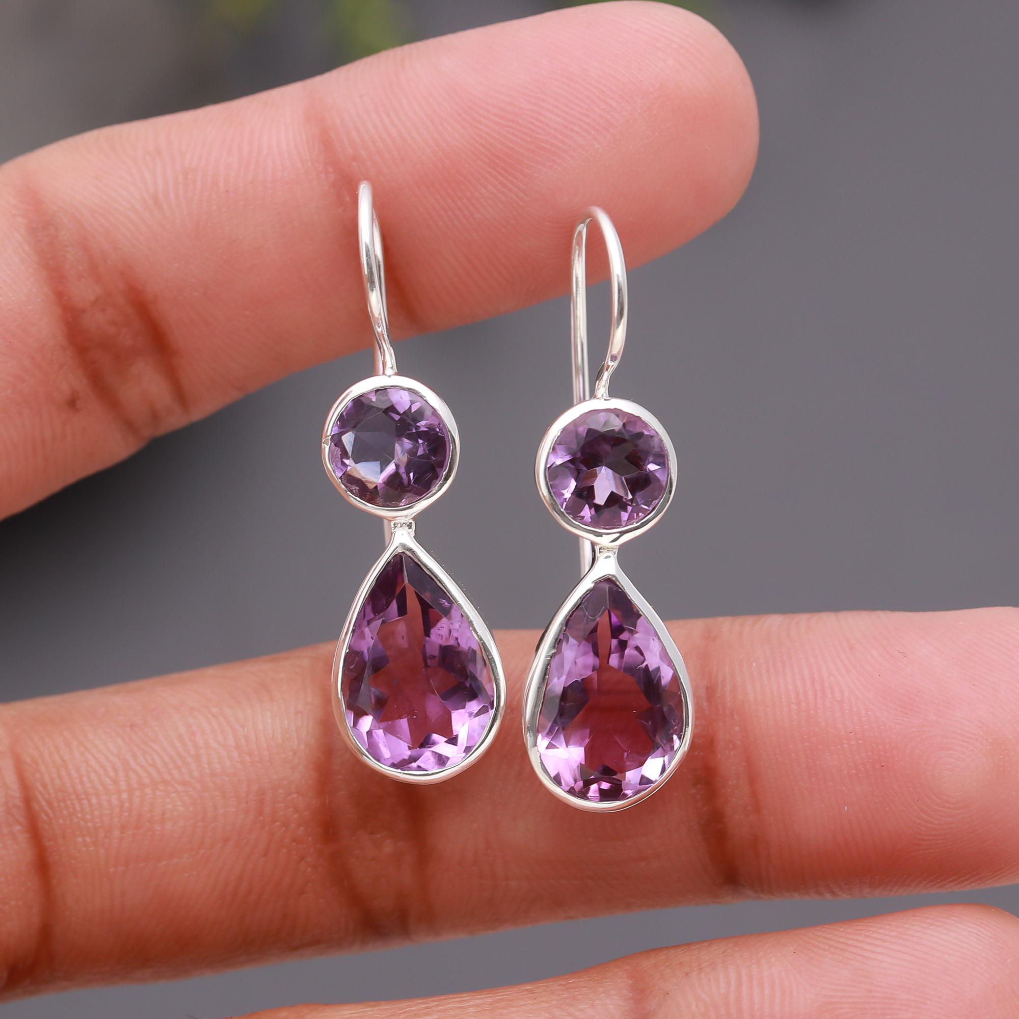 925 Silver Double Amethyst Dangle Earrings