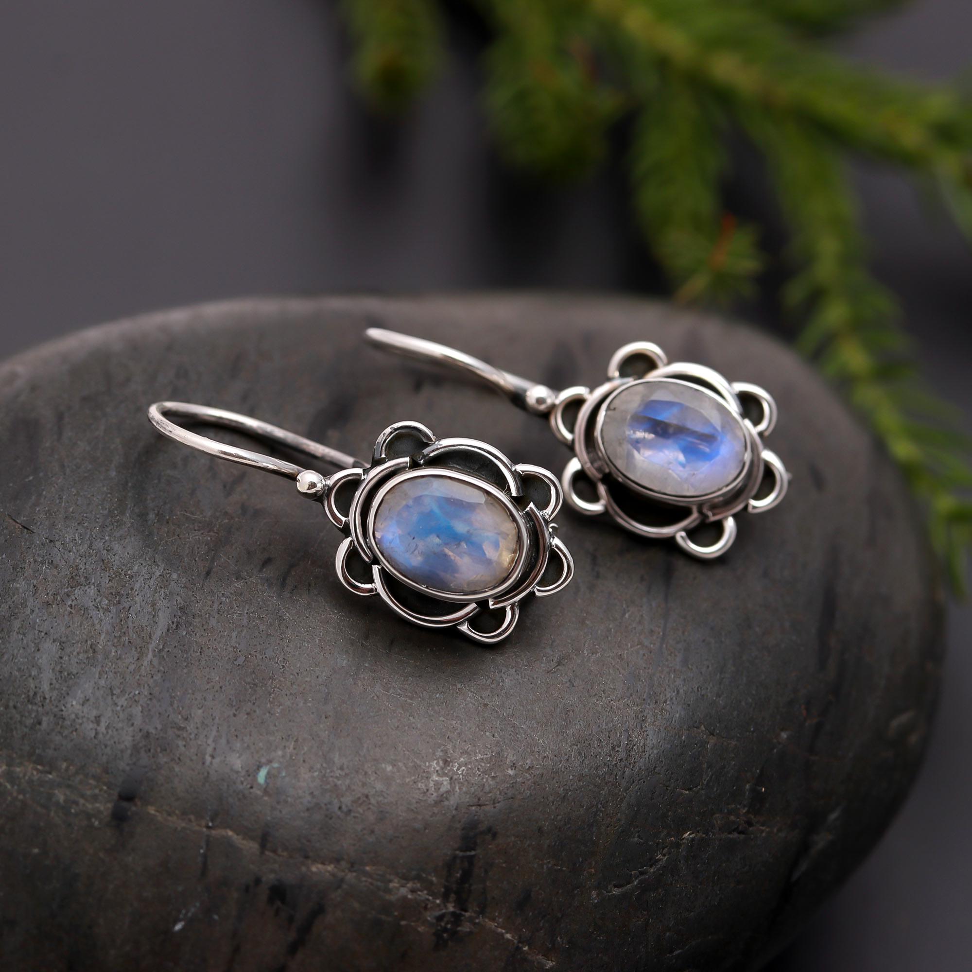 925 Silver Moonstone Floral Dangle Earrings