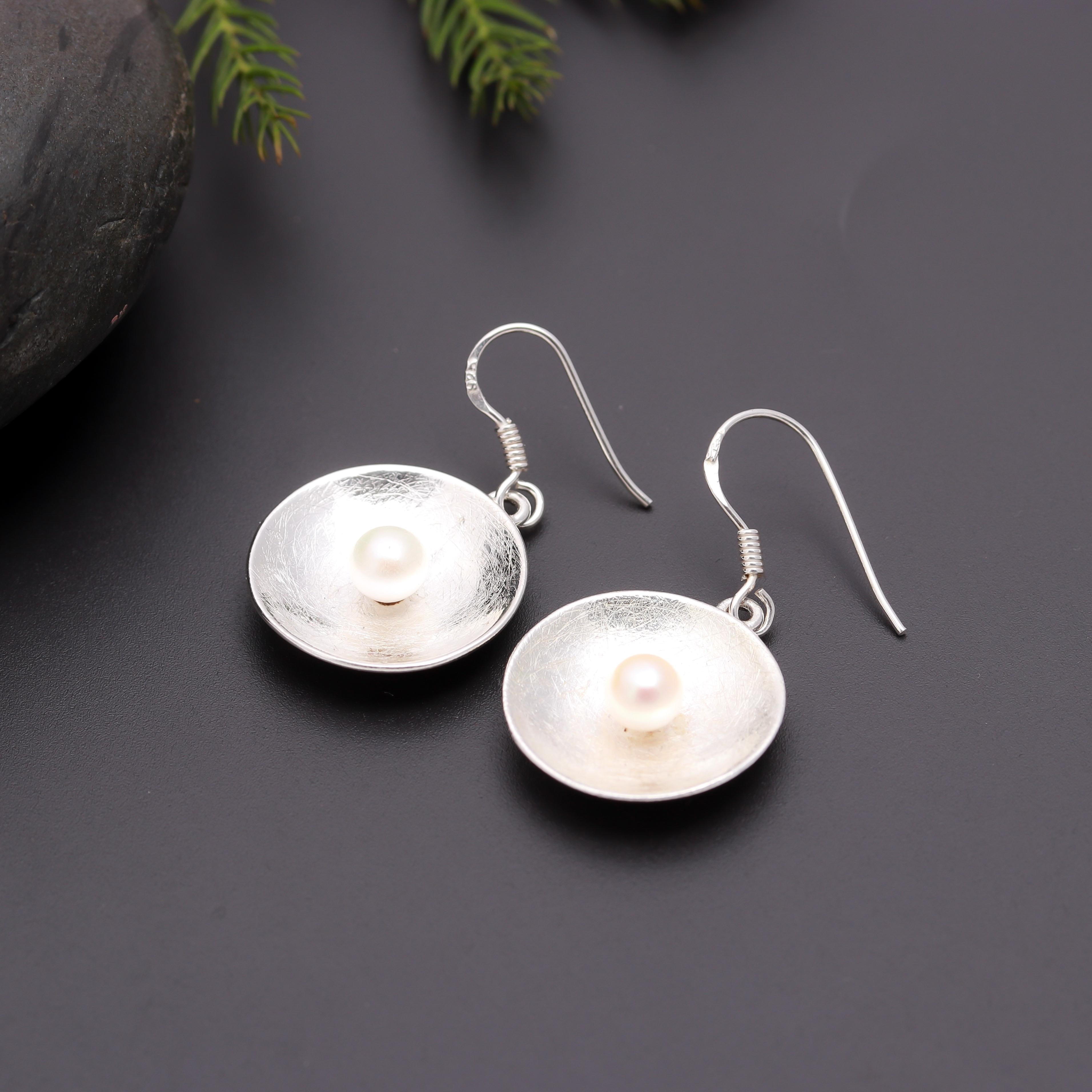 925 Silver Textured Dome Pearl Dangle Earrings