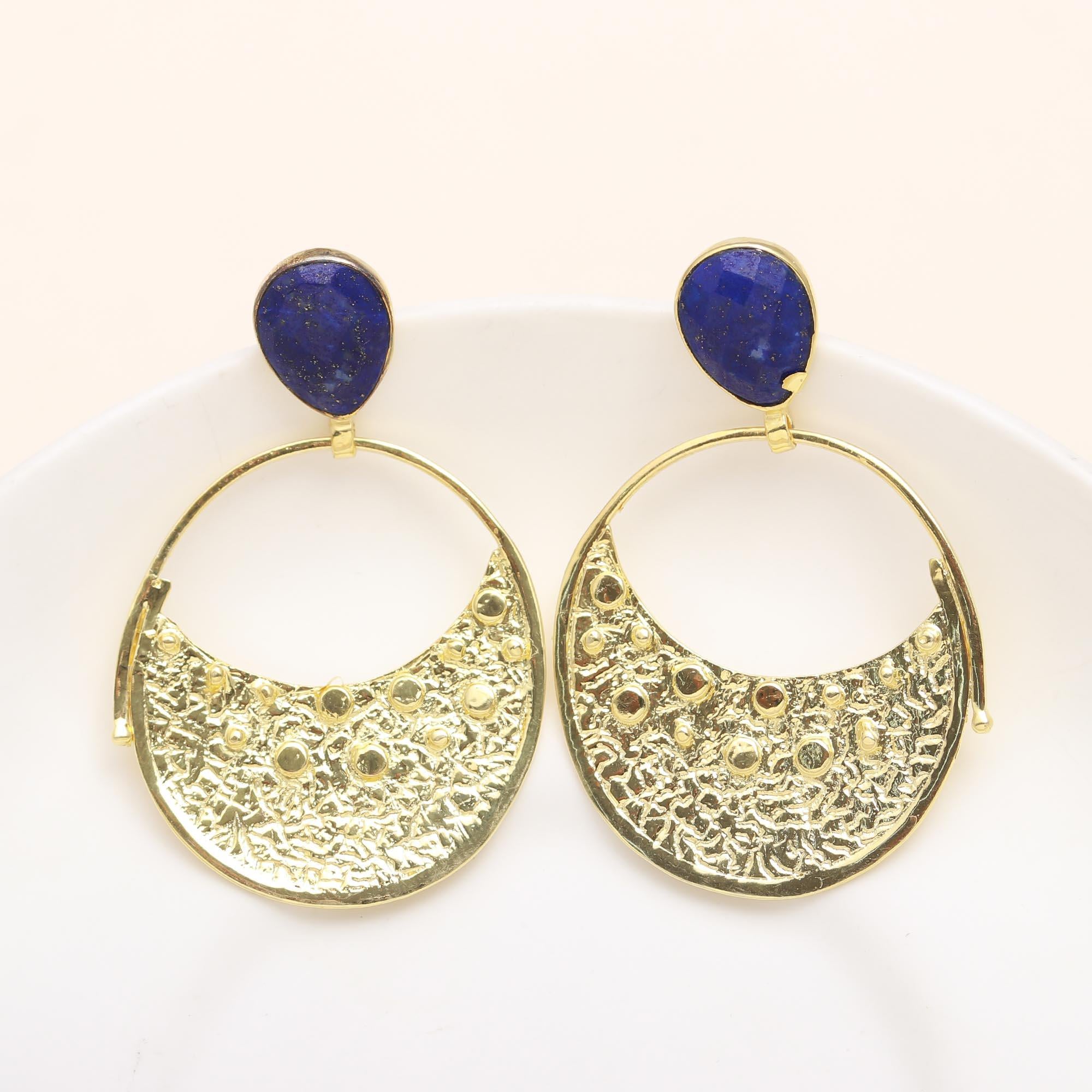 Lapis Stud Earrings in Brass Handmade