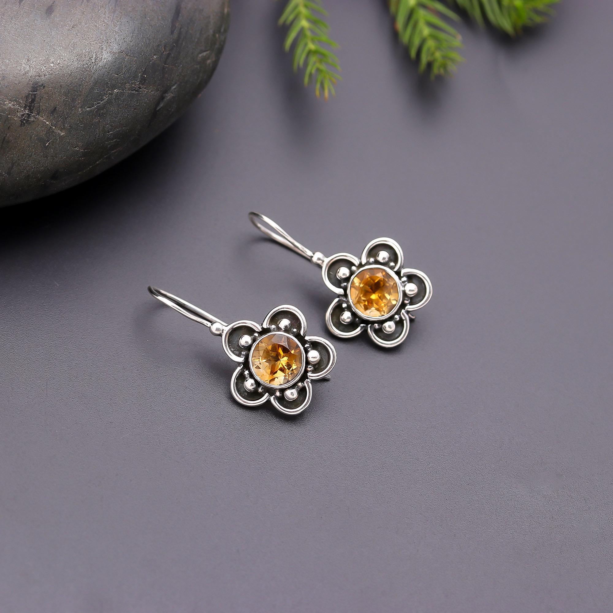 925 Silver Citrine Floral Dangle Earrings