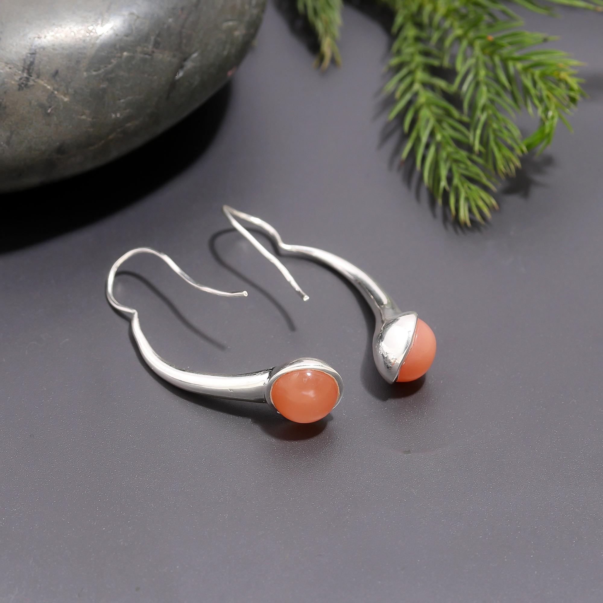 925 Silver Orange Moonstone Hook Earrings