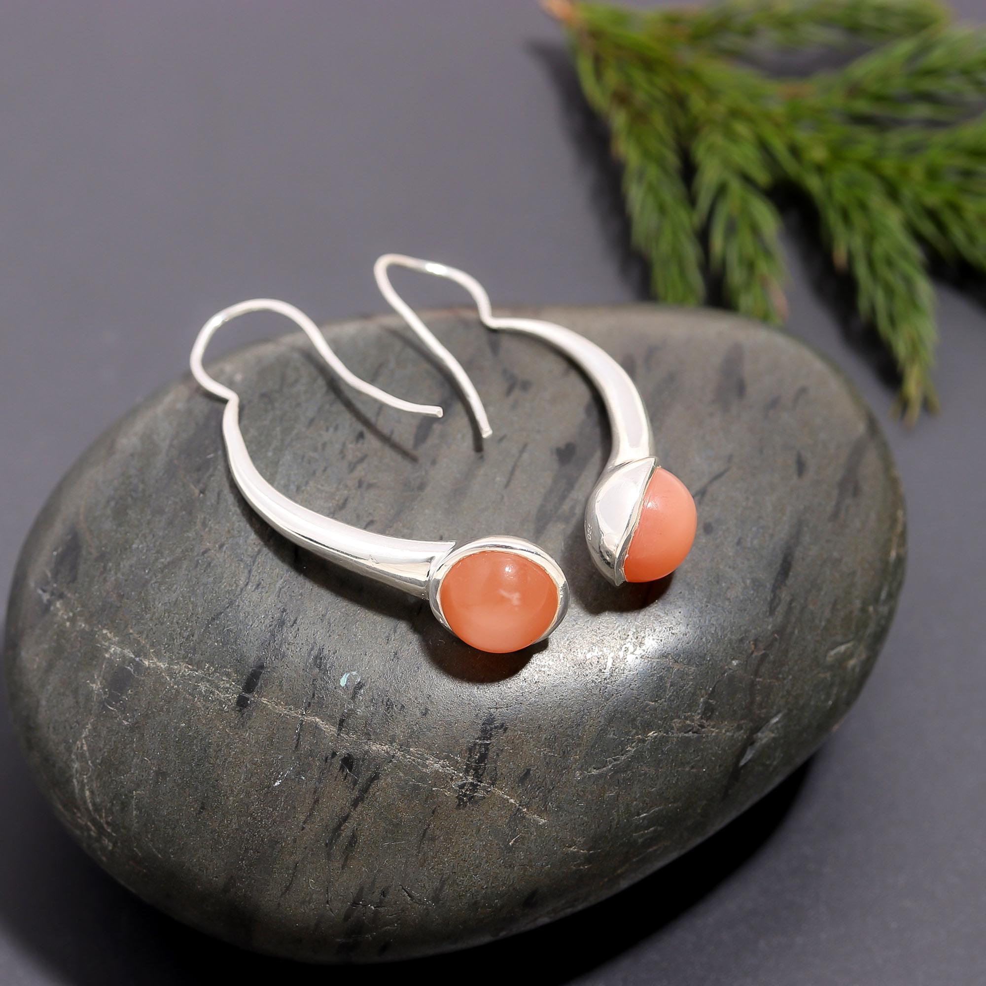925 Silver Orange Moonstone Hook Earrings