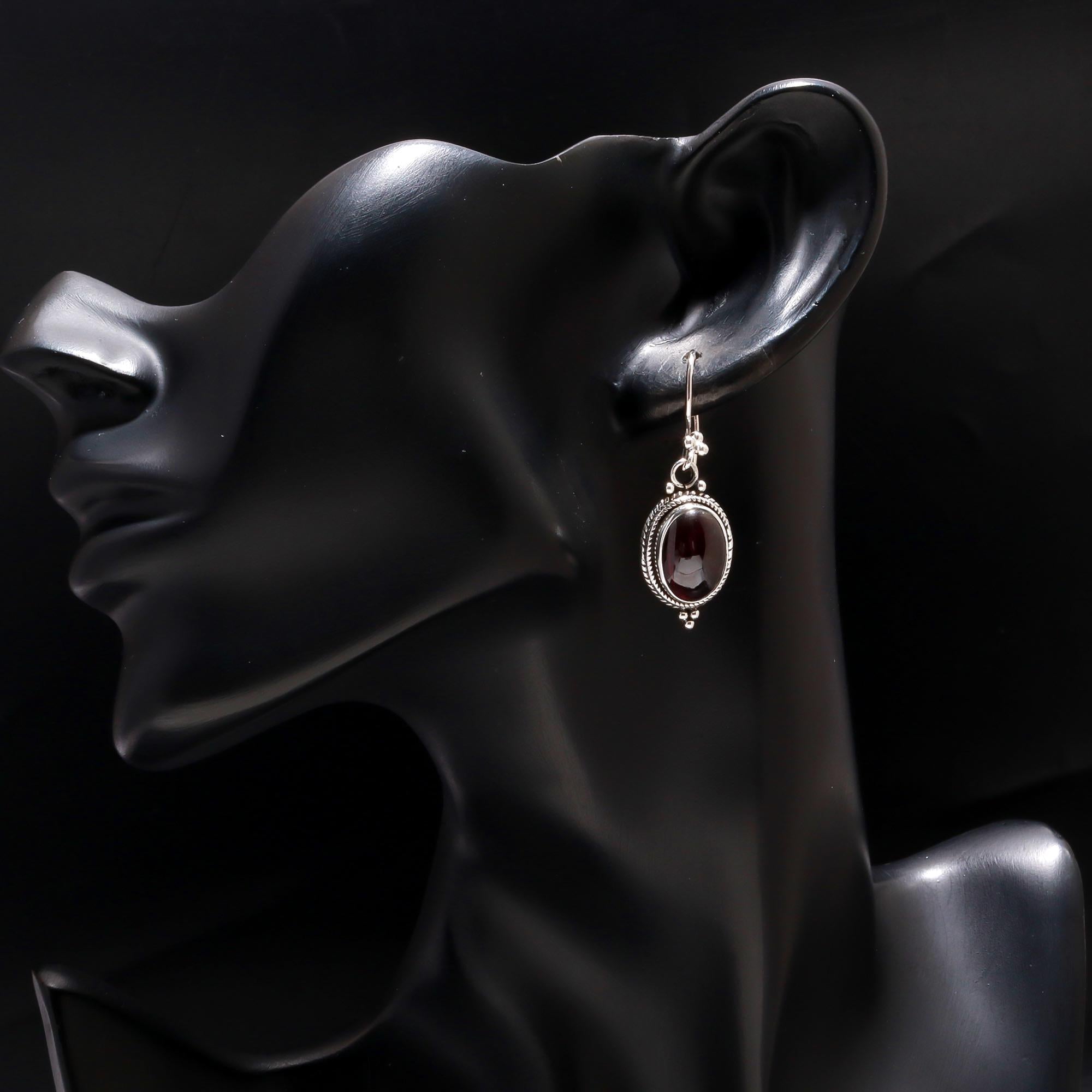 925 Silver Oval Garnet Dangle Earrings