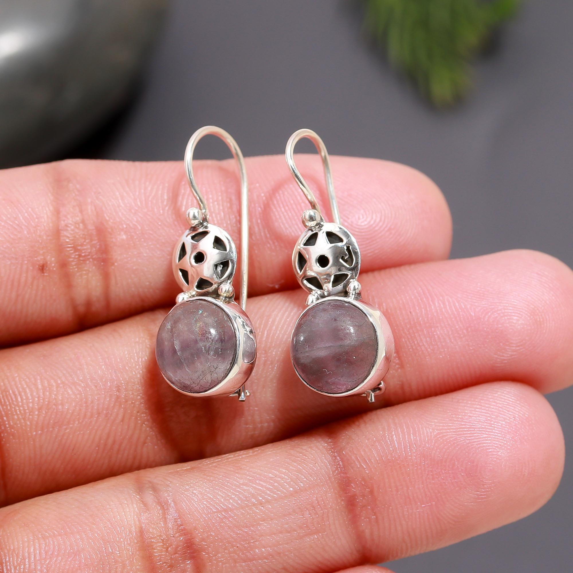 925 Silver Round Fluorite Dangle Earrings