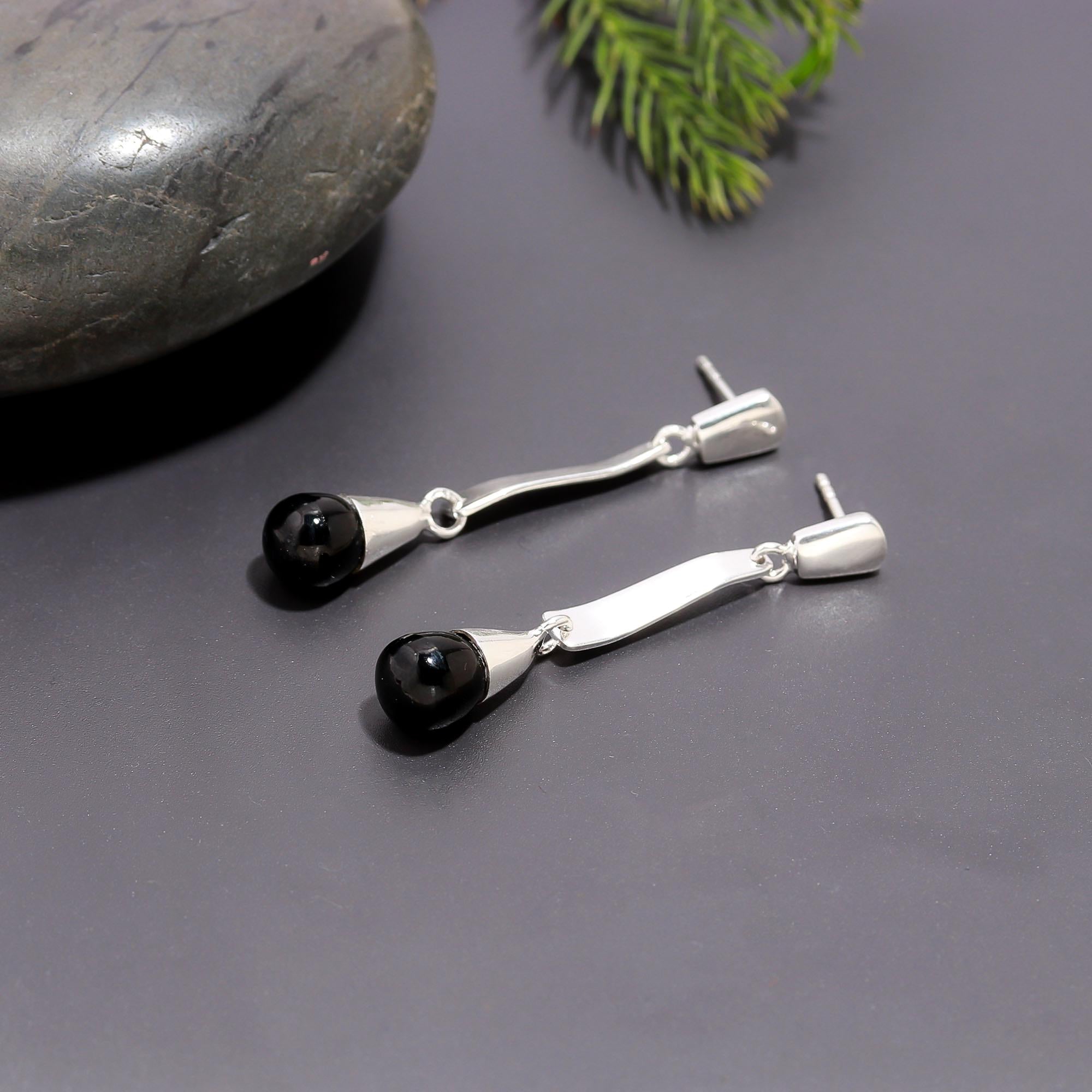 925 Silver Long Black Onyx Drop Earrings