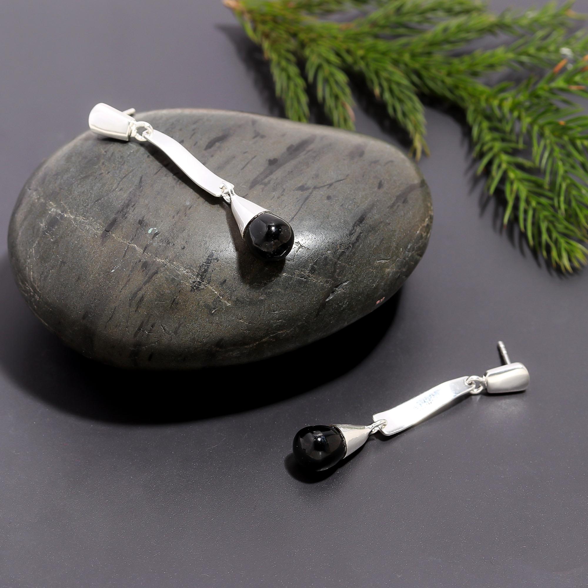 925 Silver Long Black Onyx Drop Earrings