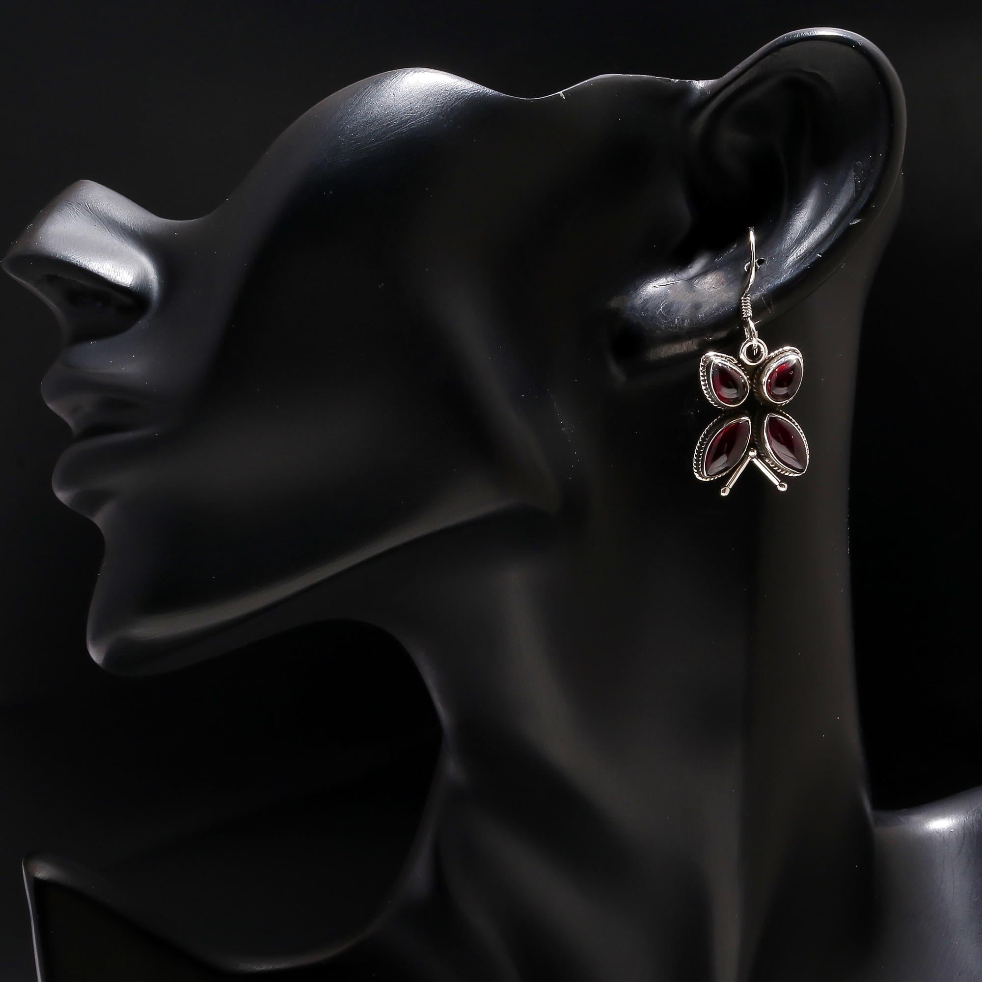 925 Silver Garnet Butterfly Dangle Earrings