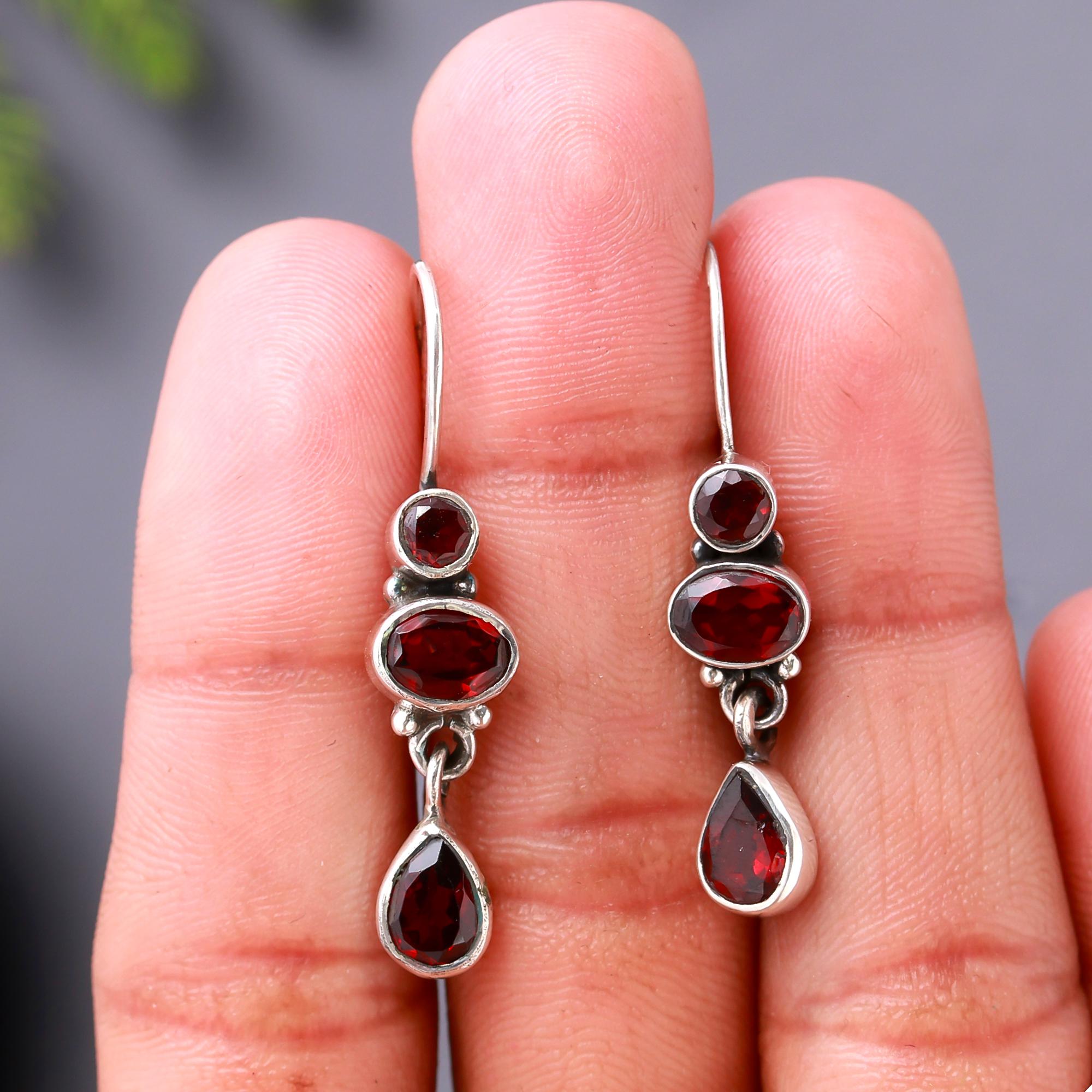 925 Silver Garnet Teardrop Dangle Earrings