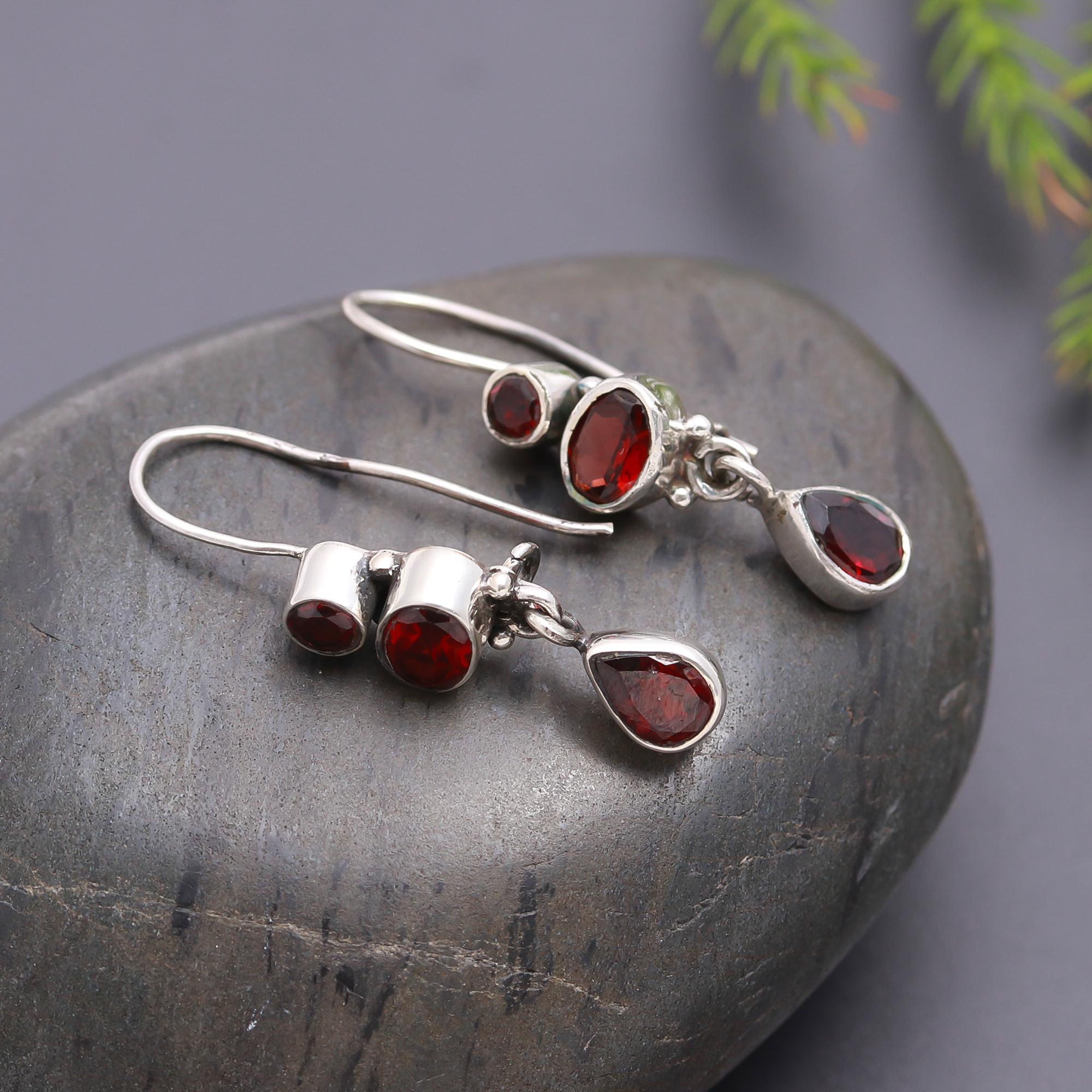 925 Silver Garnet Teardrop Dangle Earrings