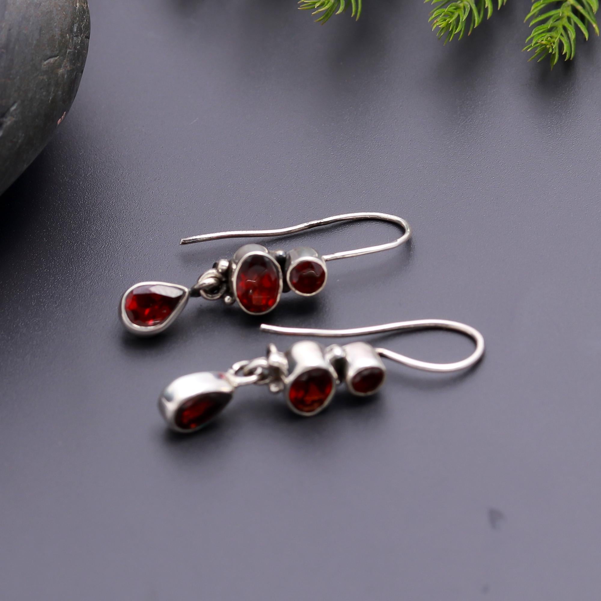 925 Silver Garnet Teardrop Dangle Earrings