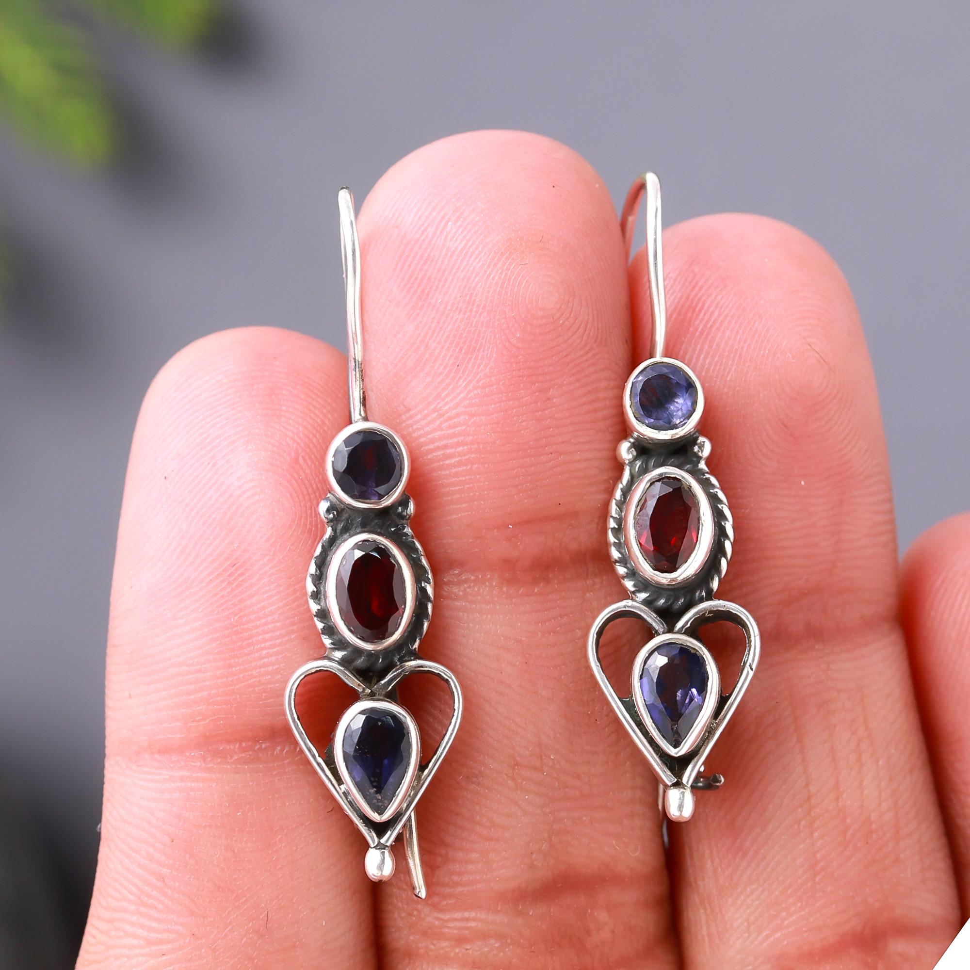 925 Silver Garnet and Iolite Dangle Earrings