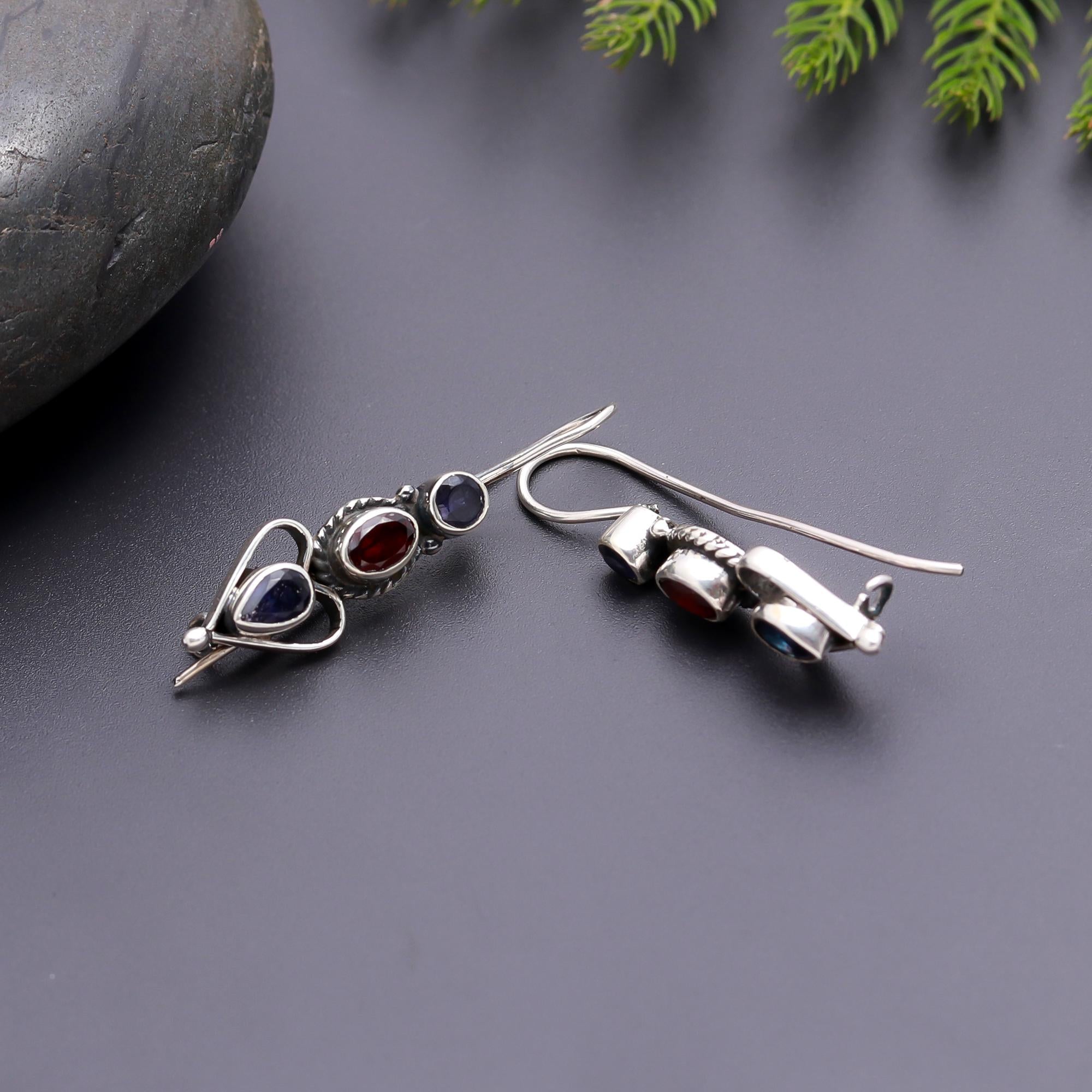 925 Silver Garnet and Iolite Dangle Earrings
