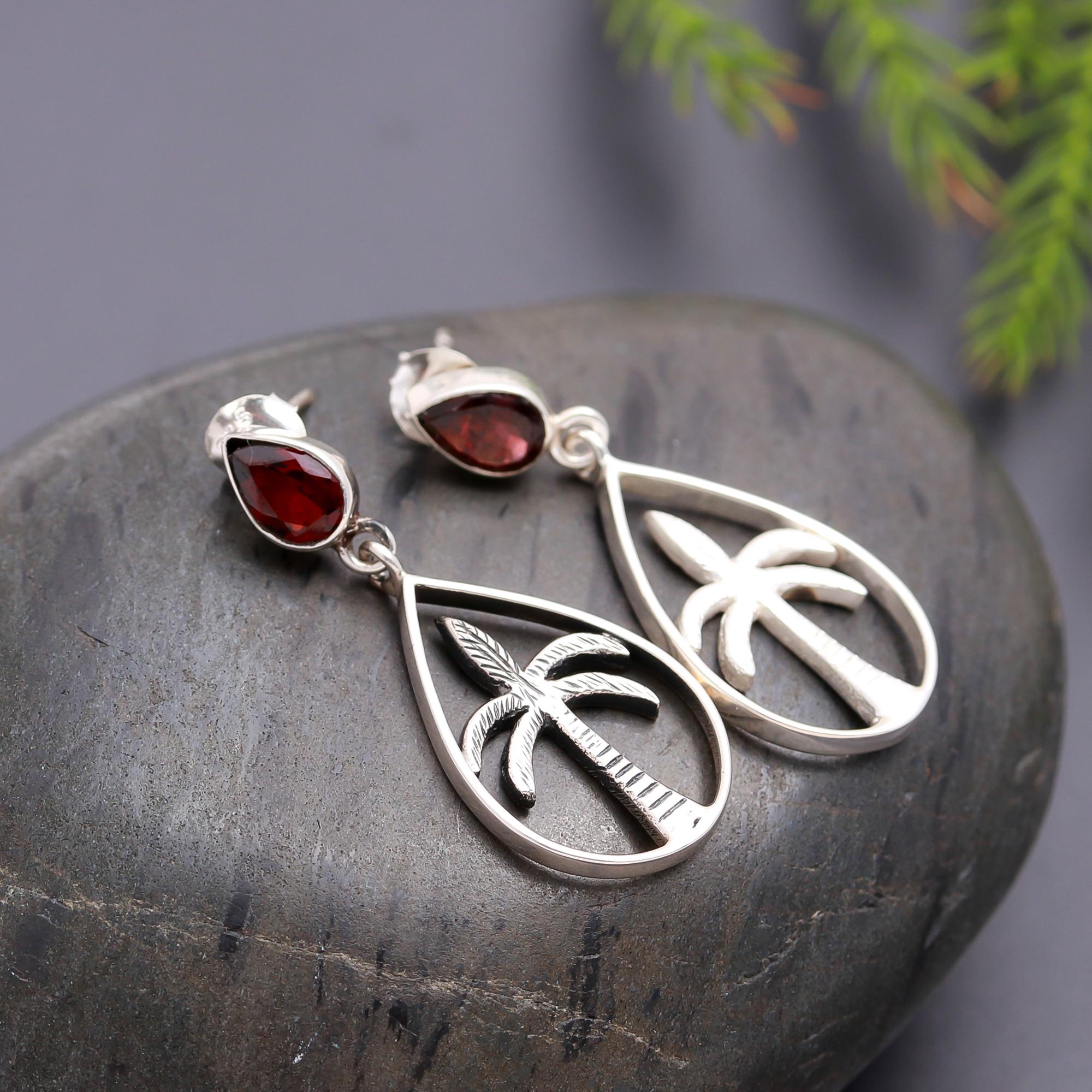 925 Silver Palm Tree Garnet Drop Earrings