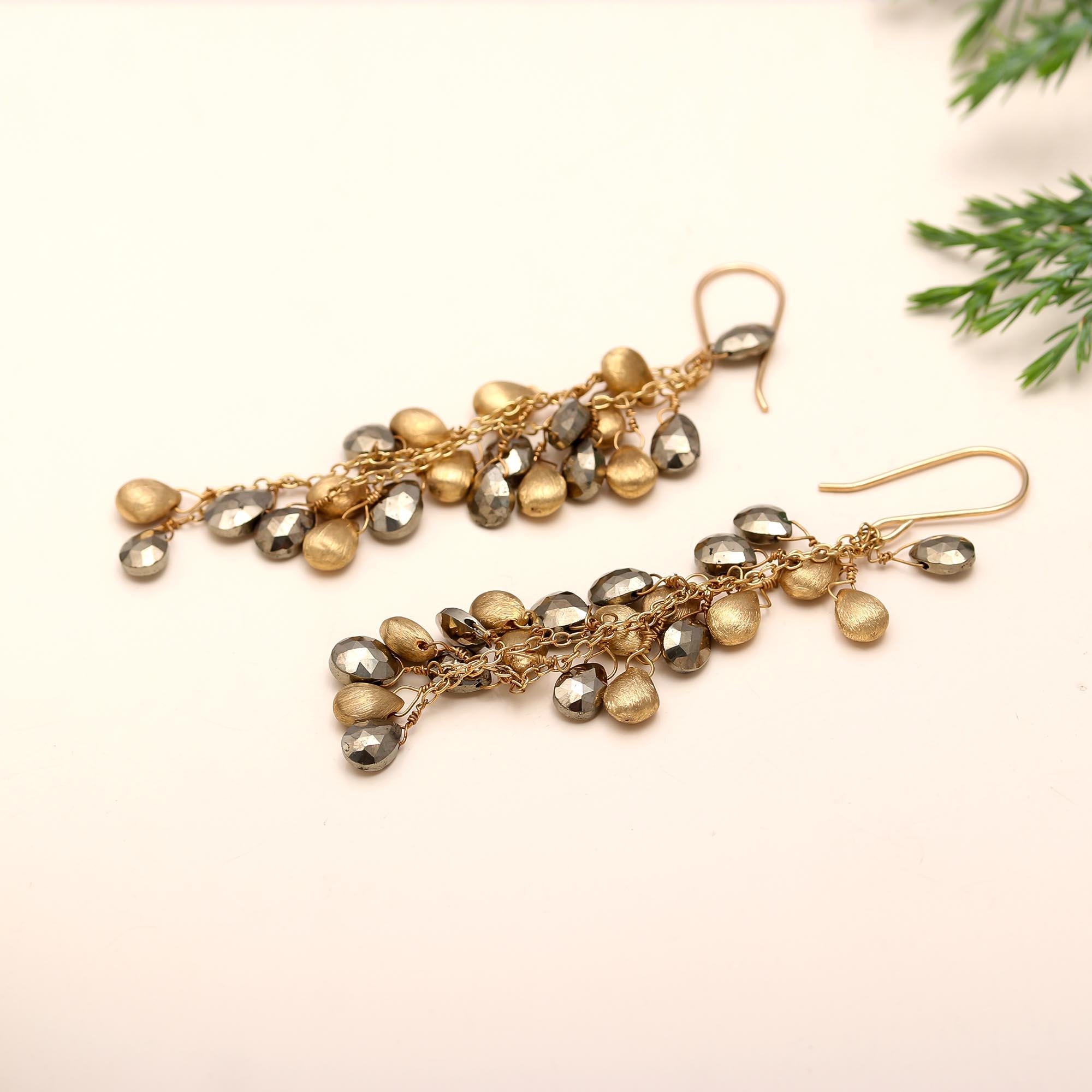 925 Silver Pyrite Cluster Dangle Earrings