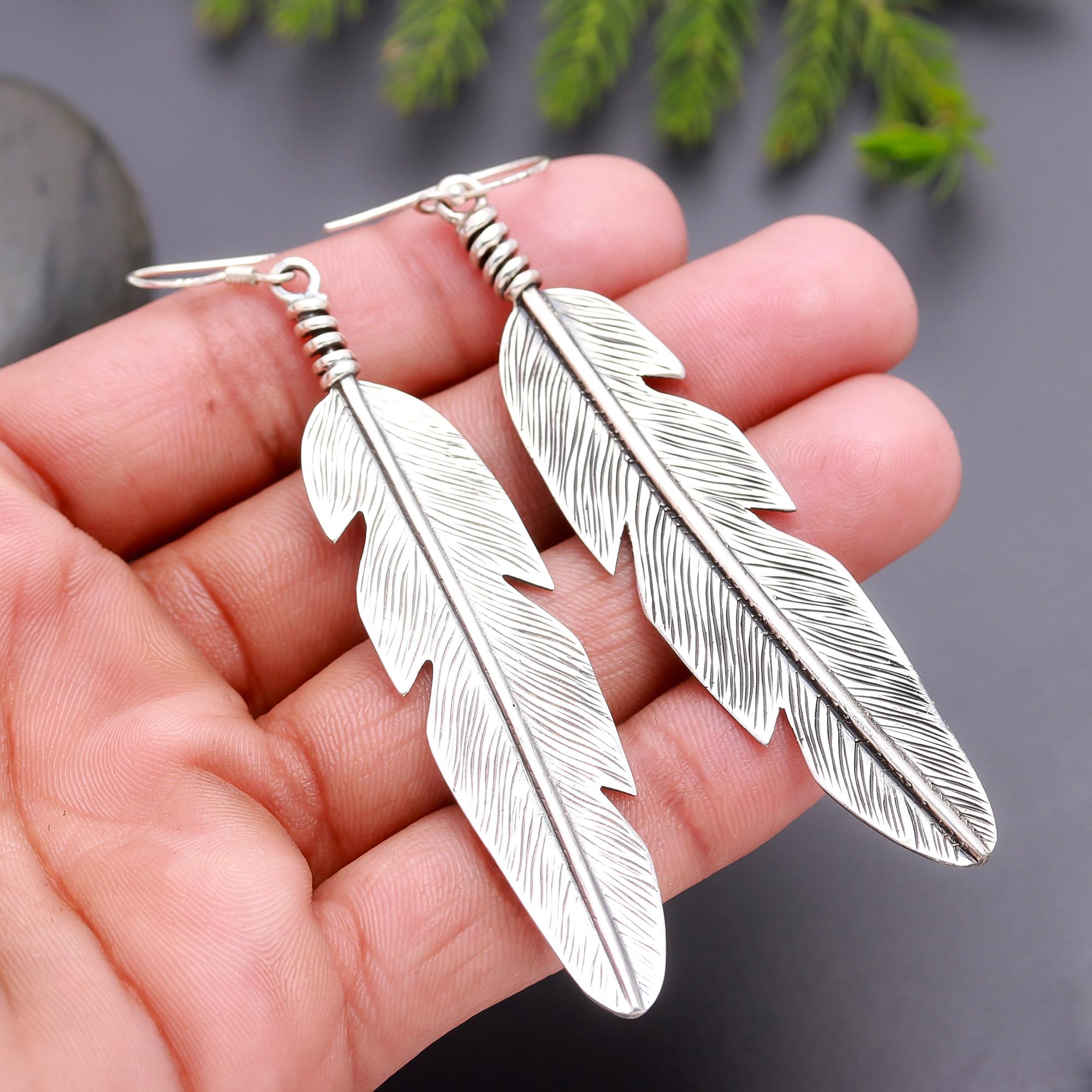 925 Silver Long Feather Dangle Earrings