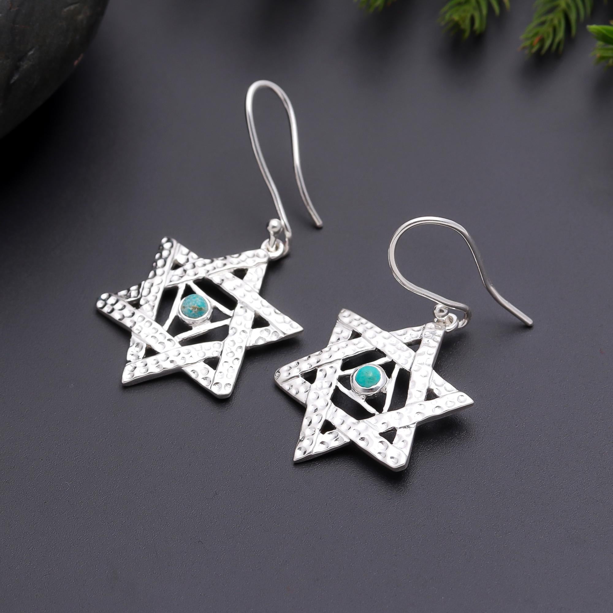 925 Silver Star of David Turquoise Dangle Earrings