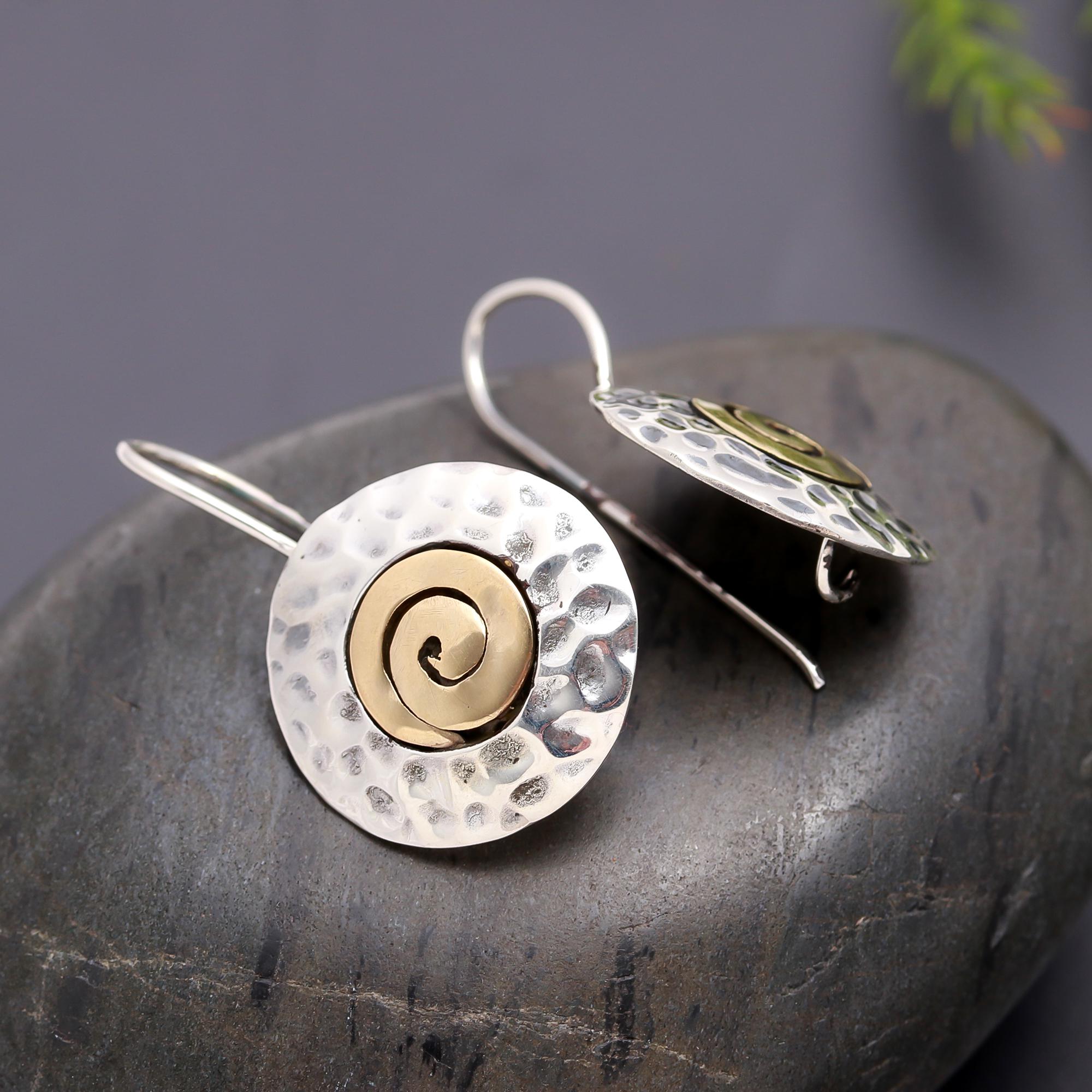 925 Silver Hammered Spiral Disc Dangle Earrings