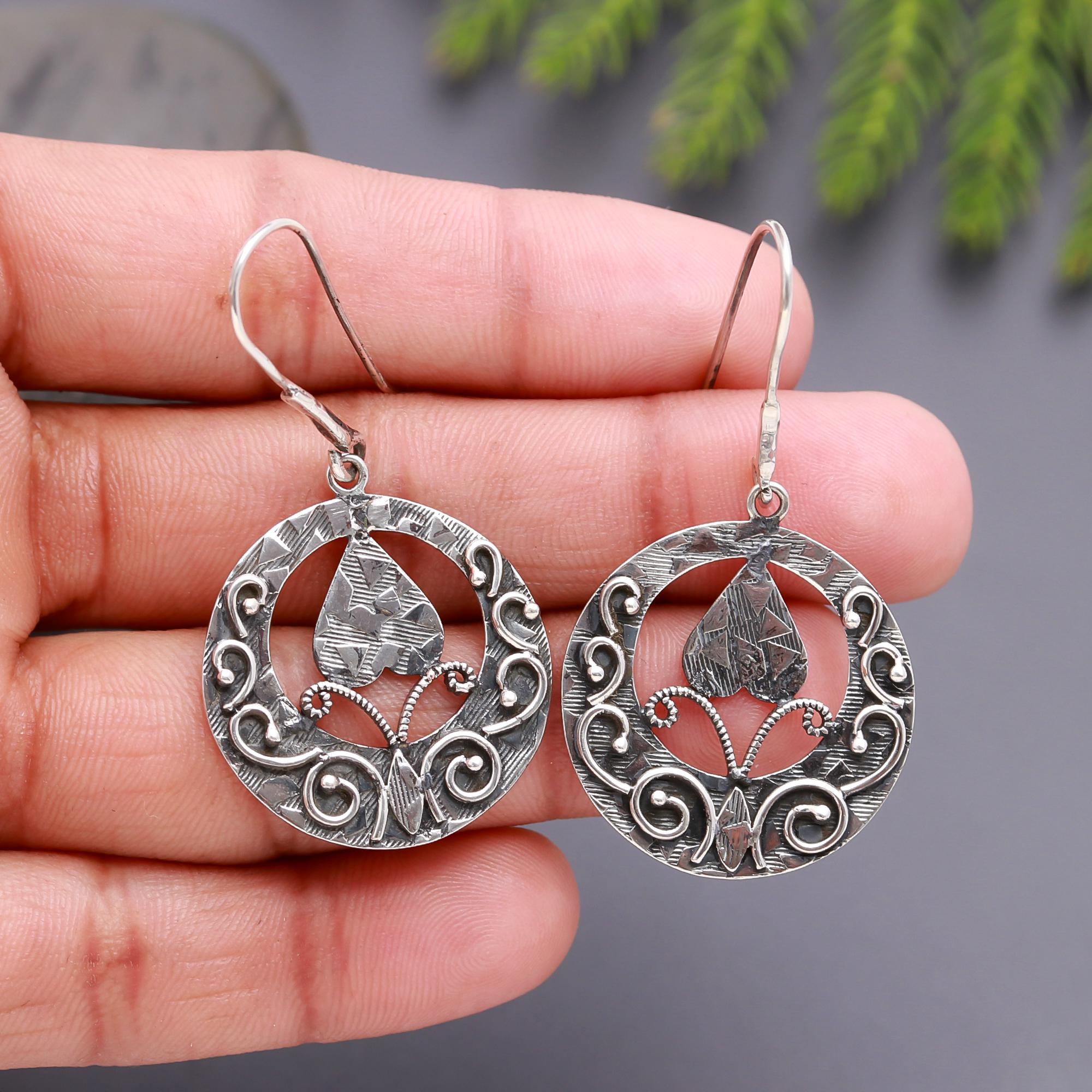 925 Silver Round Floral Pattern Dangle Earrings