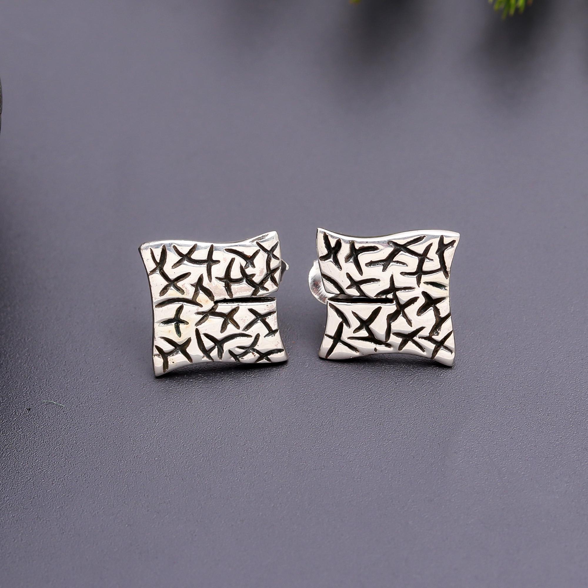 925 Silver Textured Square Stud Earrings
