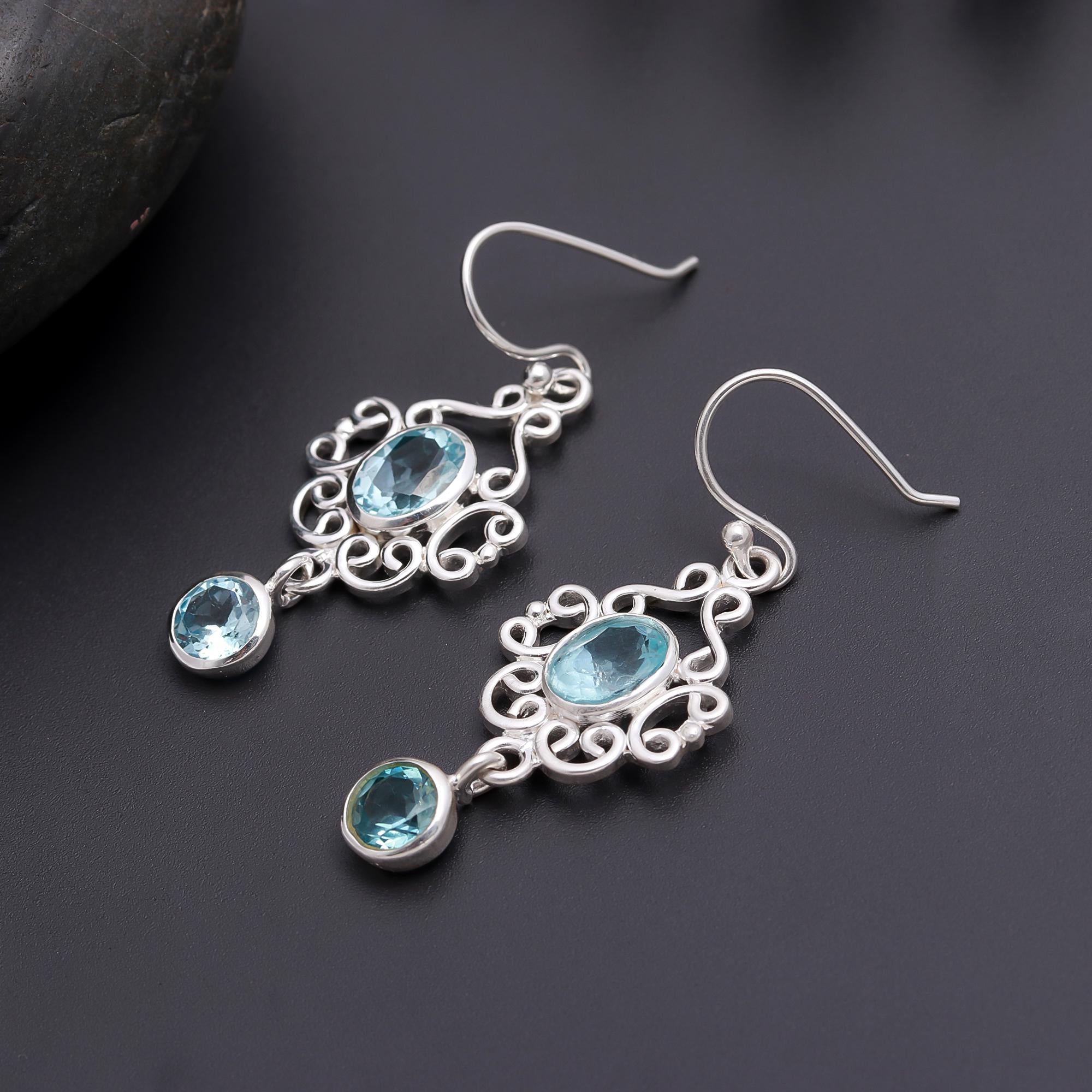 925 Silver Ornate Blue Topaz Dangle Earrings