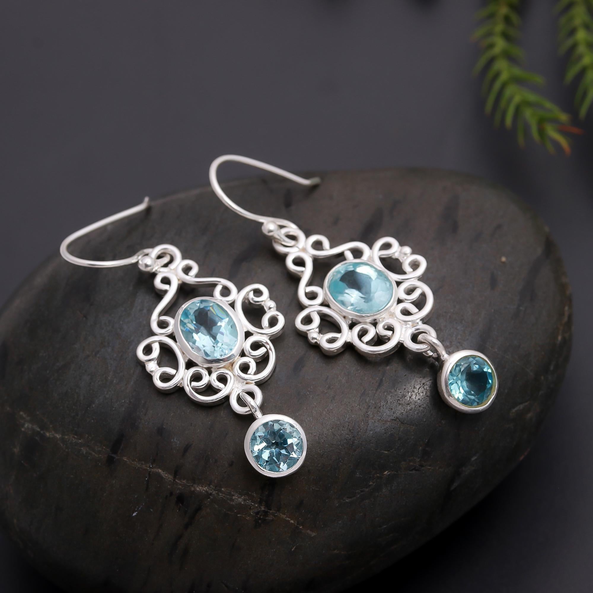 925 Silver Ornate Blue Topaz Dangle Earrings