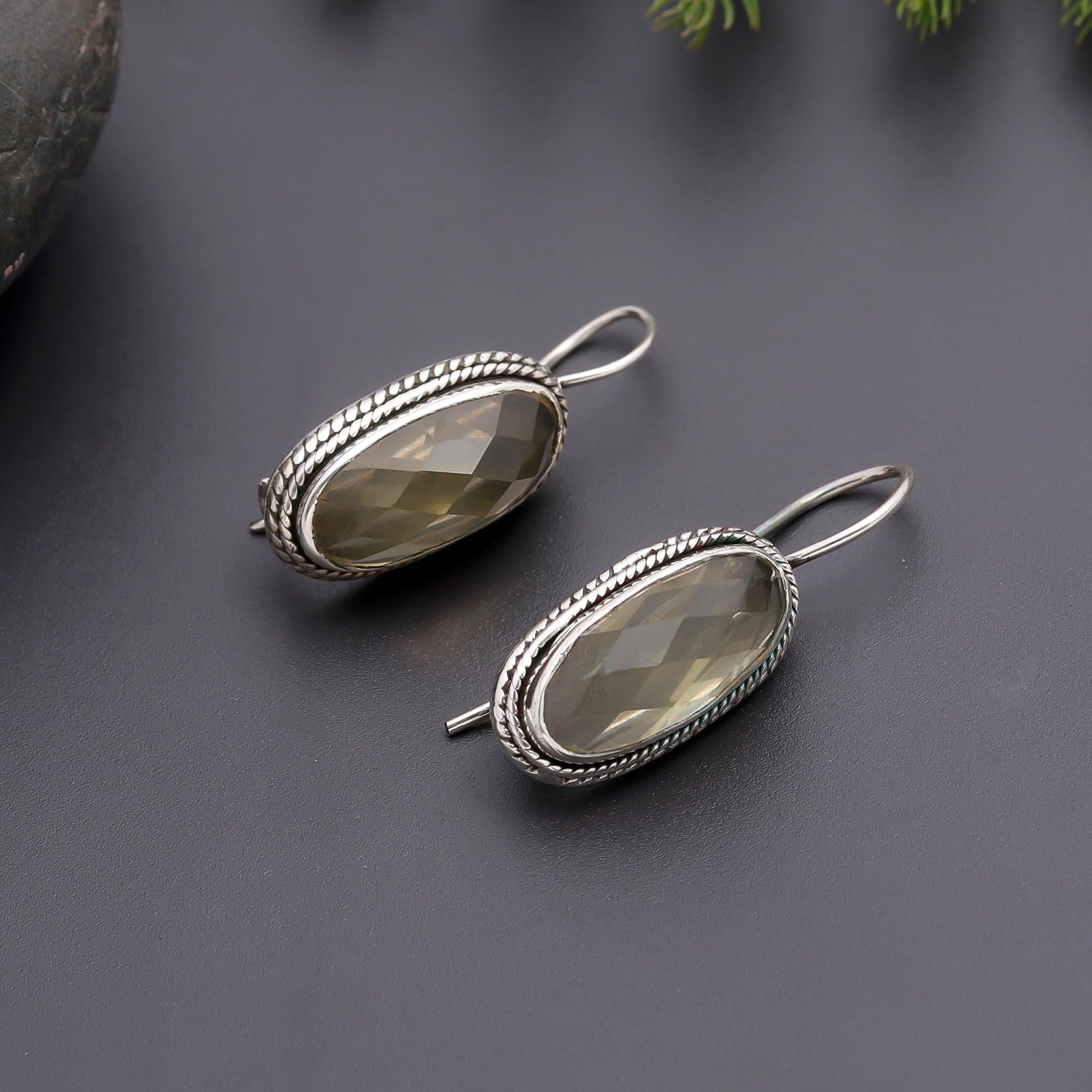 925 Silver Green Amethyst Dangle Earrings