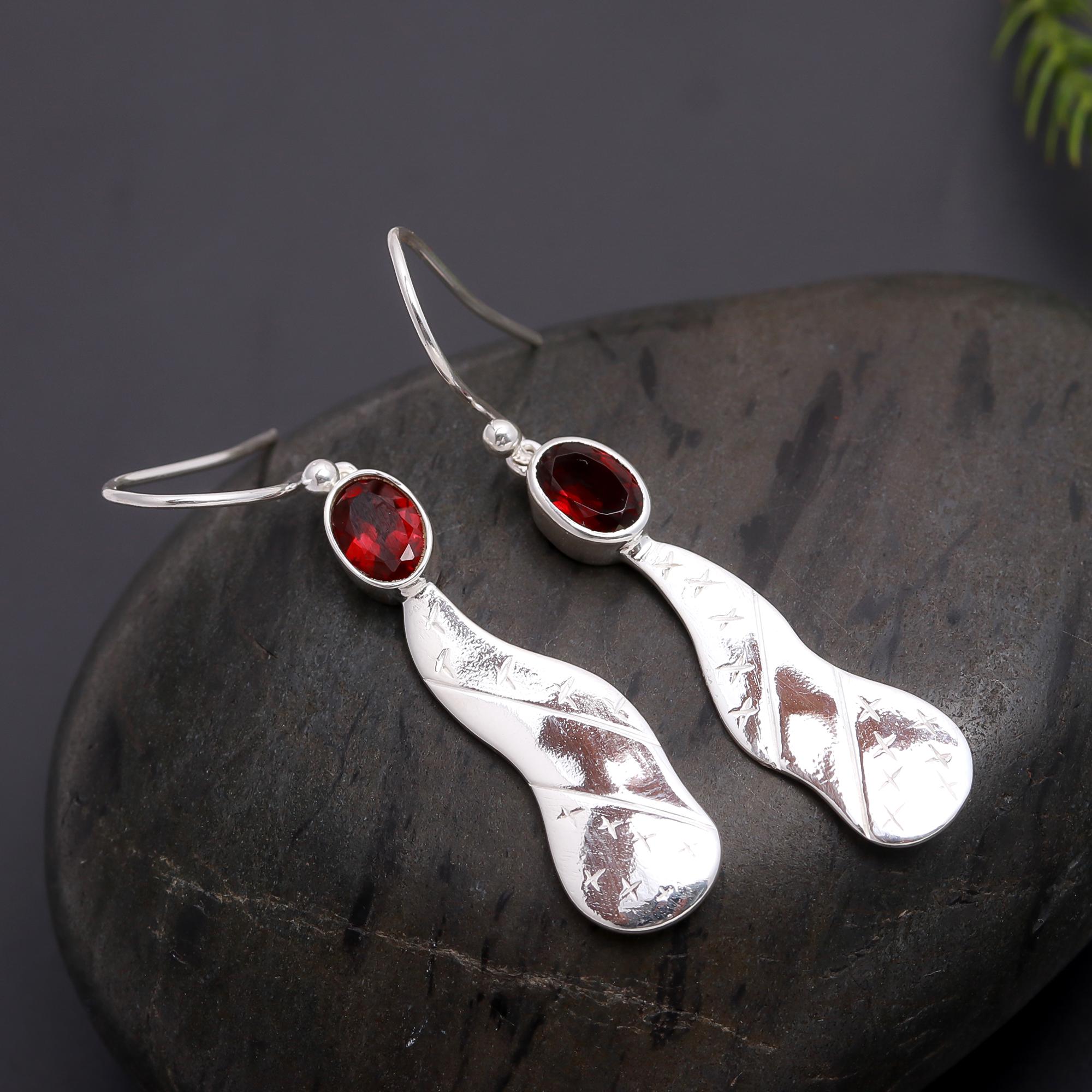 925 Silver Twisted Garnet Dangle Earrings