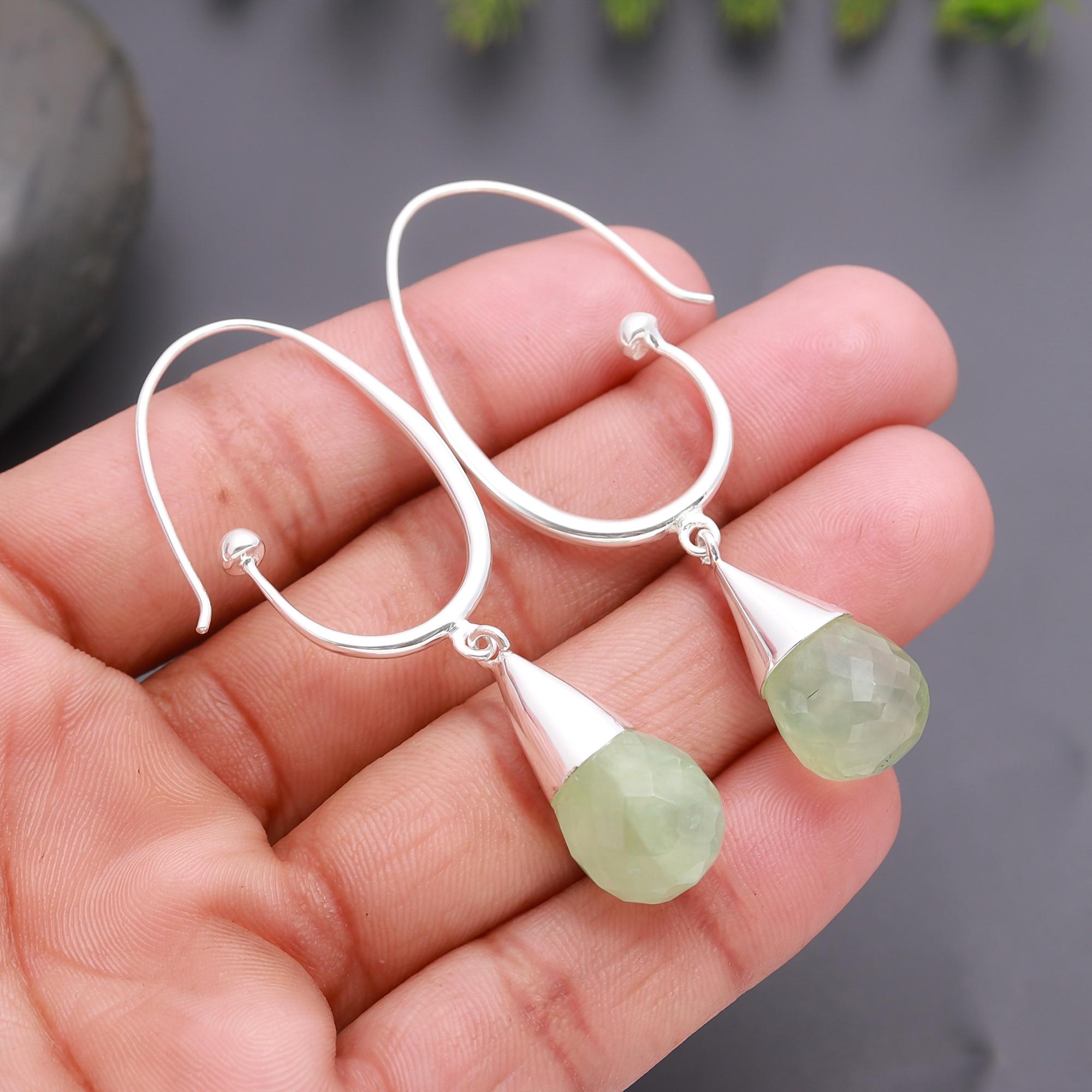 925 Silver Green Prehnite Dangle Earrings