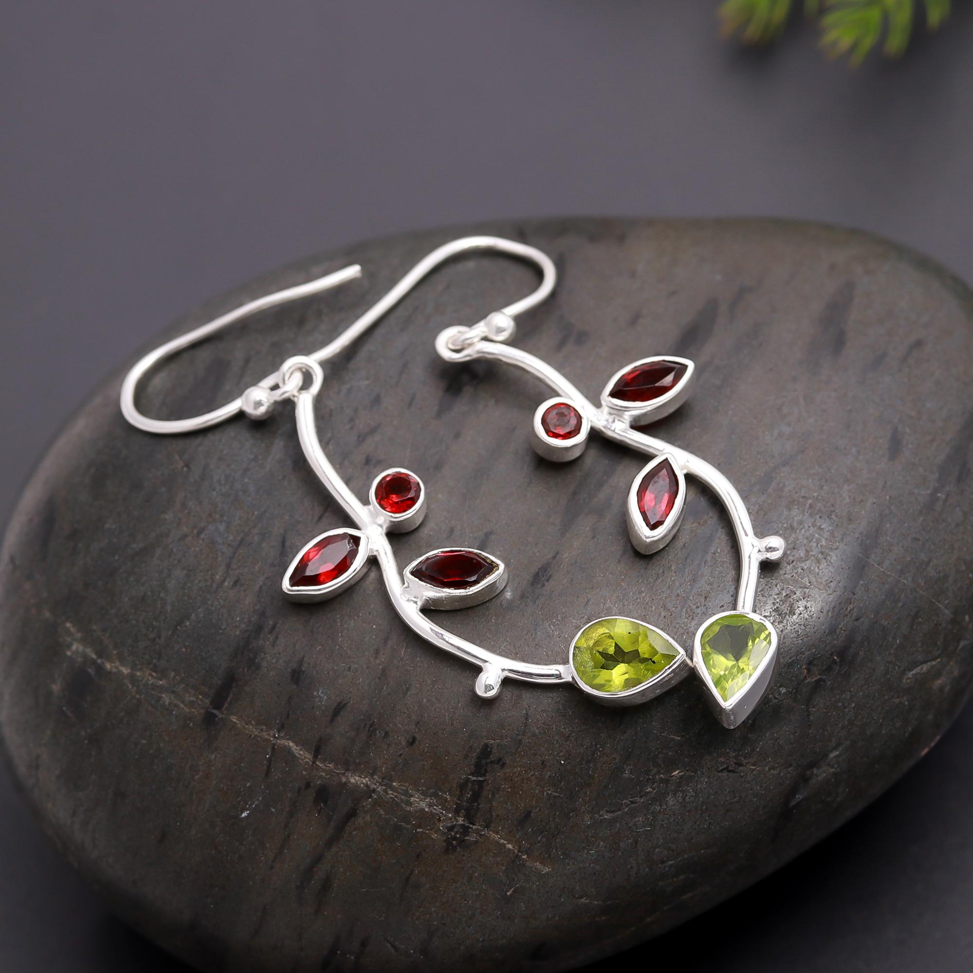 925 Silver Peridot and Garnet Leaf Dangle Earrings
