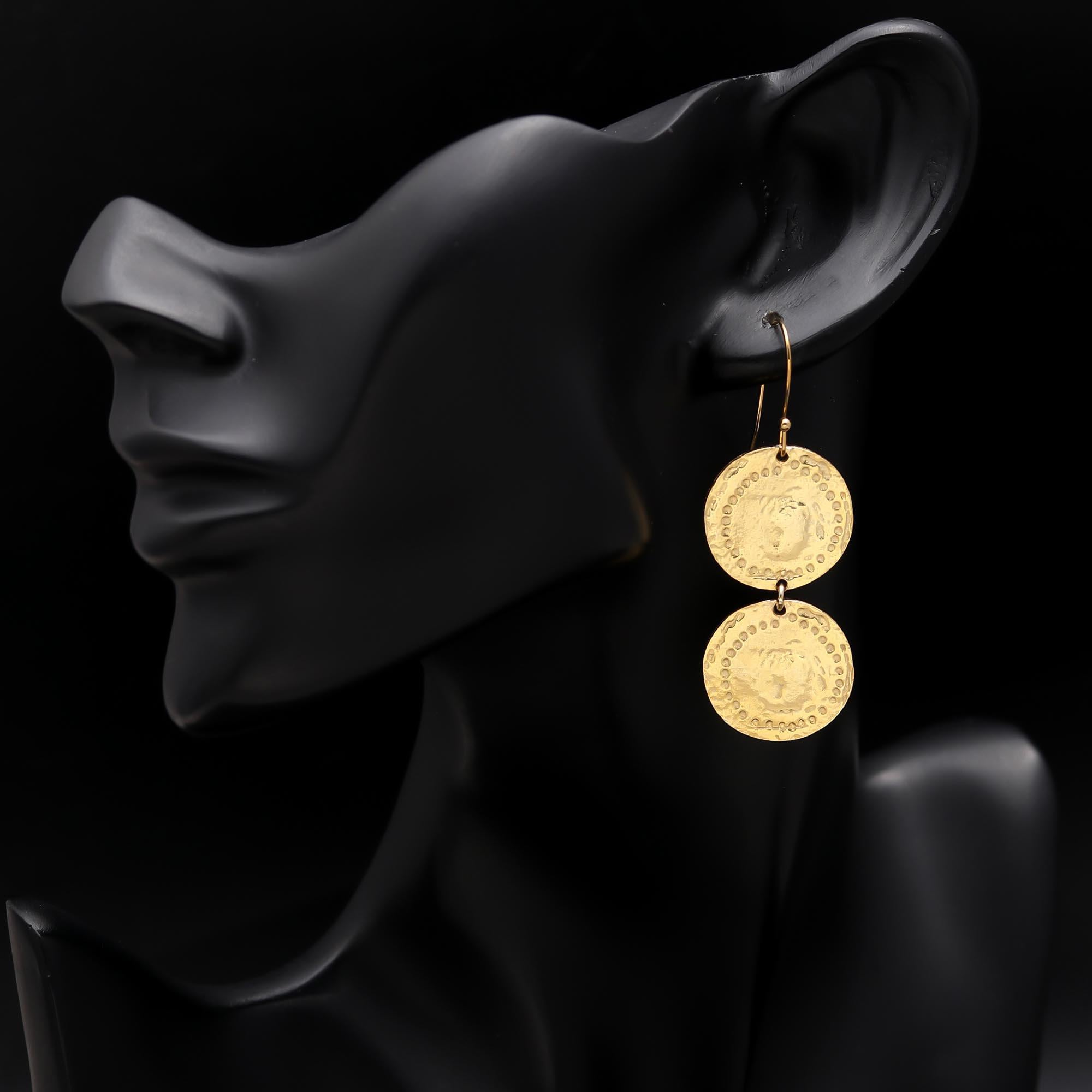 Textured Brass Coin Drop Earrings Hypoallergenic
