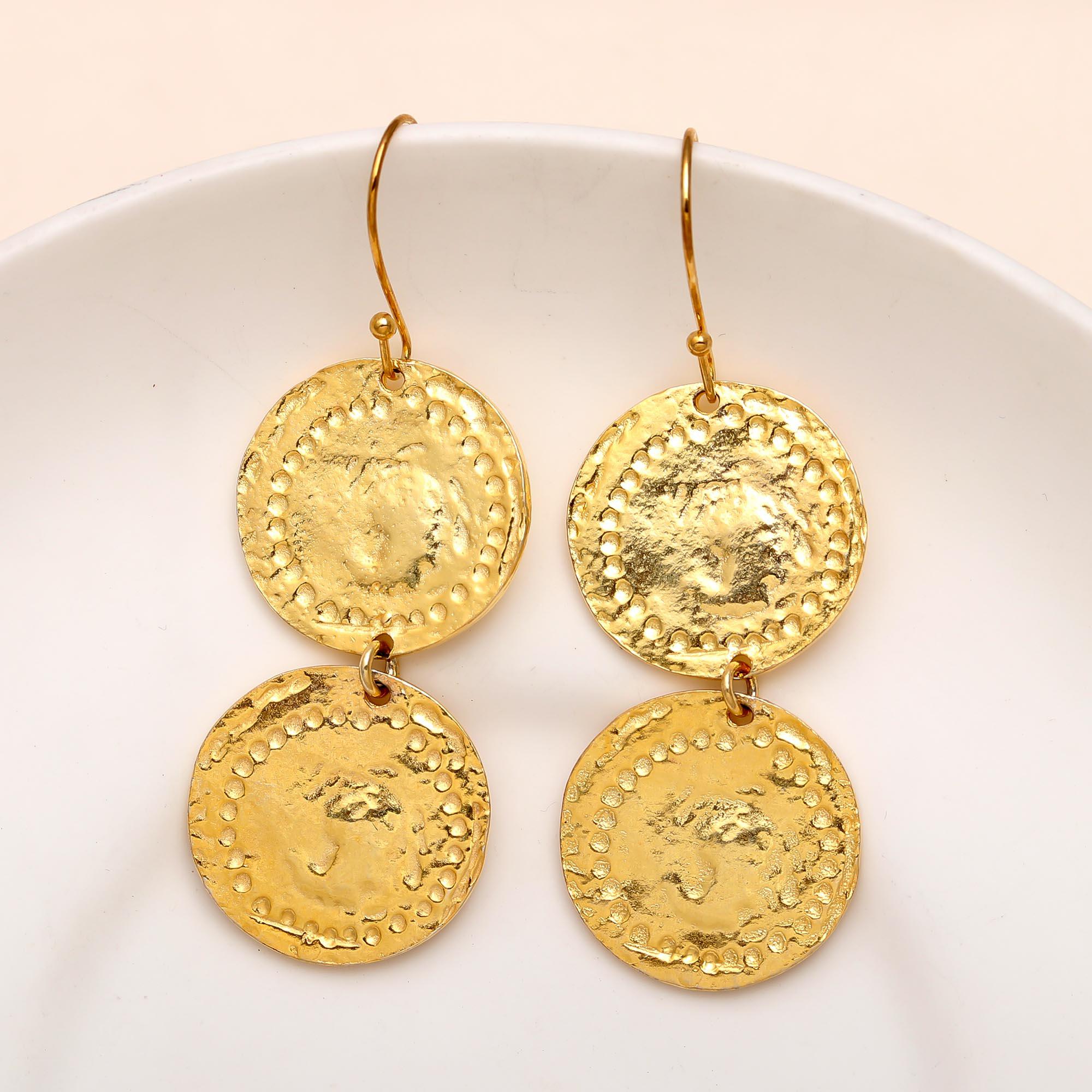 Textured Brass Coin Drop Earrings Hypoallergenic
