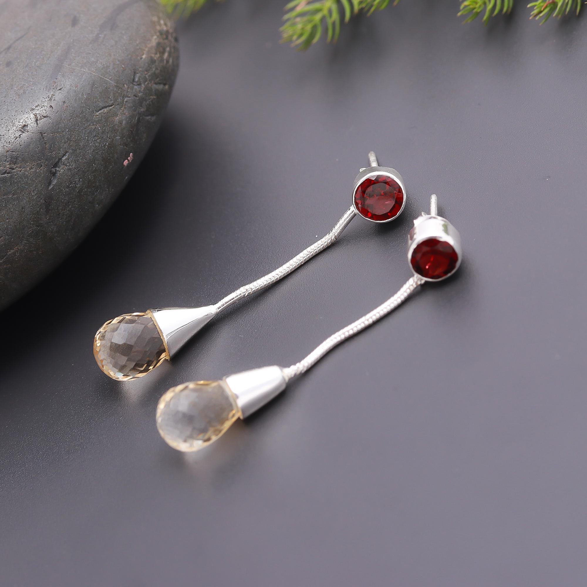 925 Silver Garnet and Citrine Long Drop Earrings