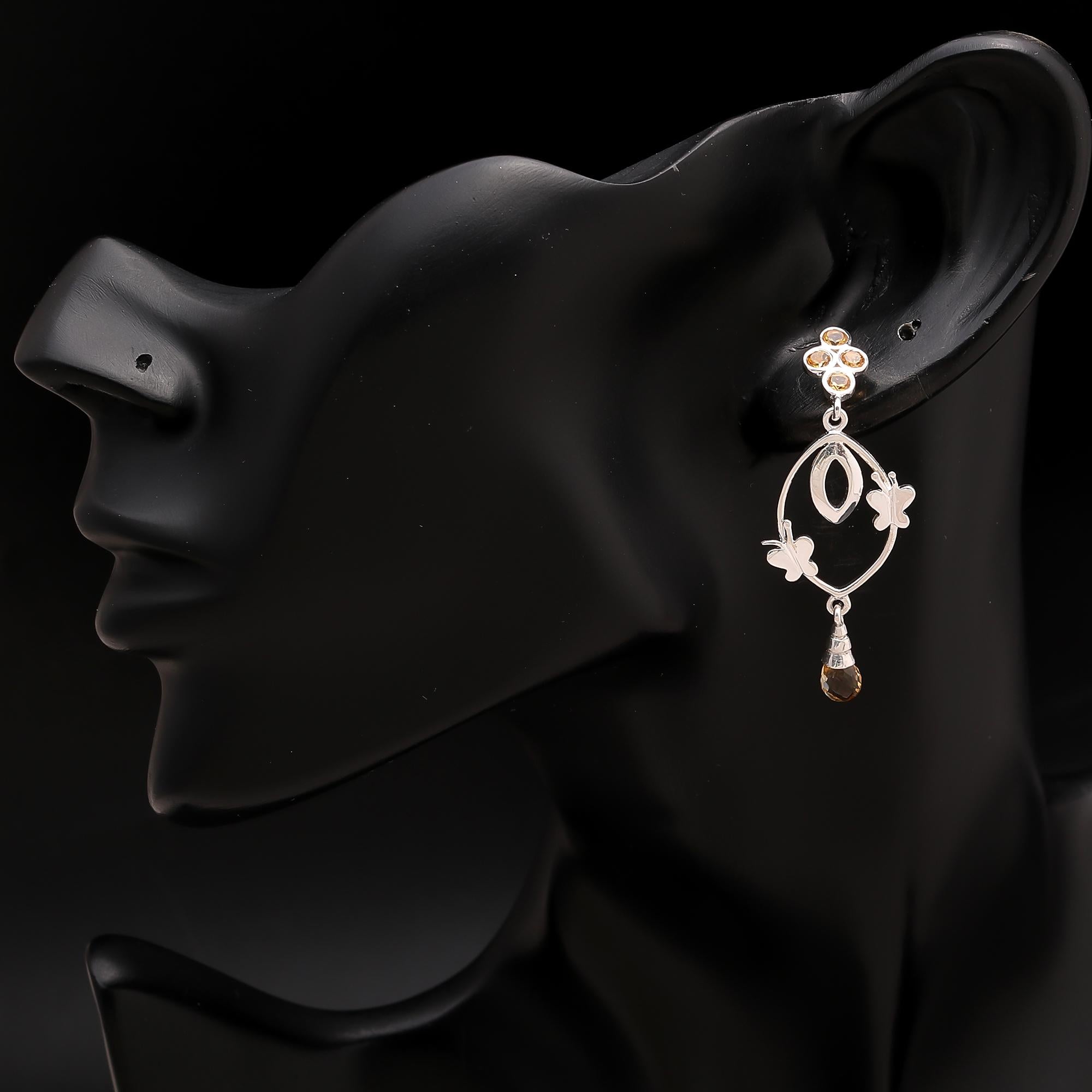 925 Silver Citrine and Smoky Quartz Butterfly Drop Earrings