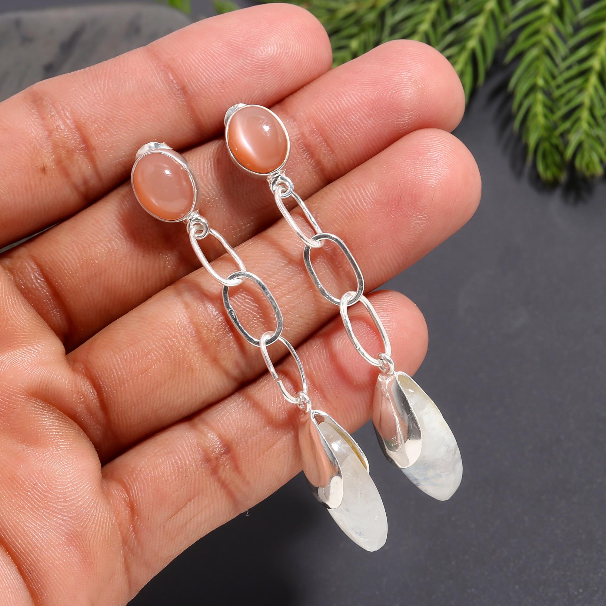925 Silver Carnelian and Moonstone Chain Drop Earrings