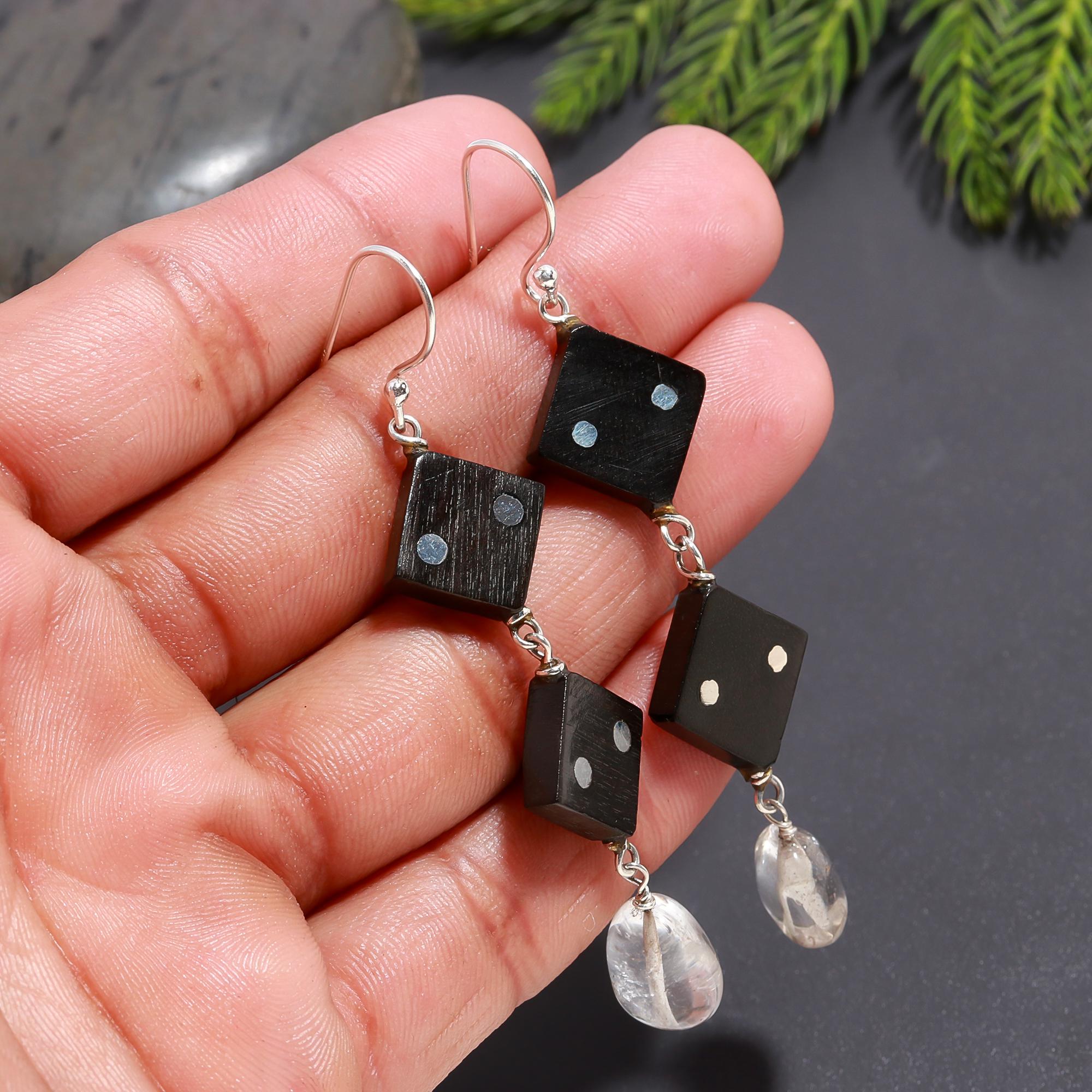 925 Silver Black Wood and Crystal Long Dangle Earrings