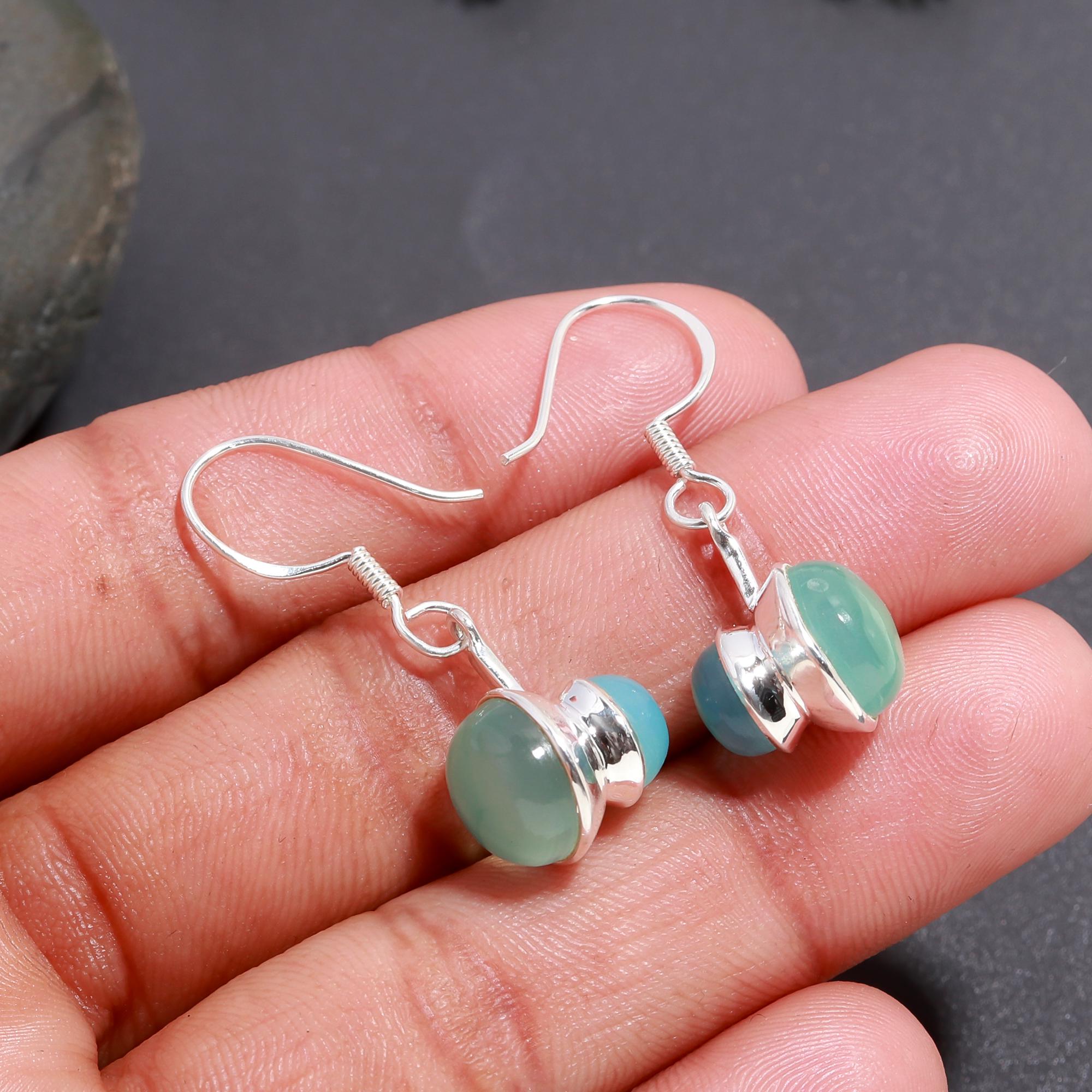 925 Silver Aqua Chalcedony Dangle Earrings