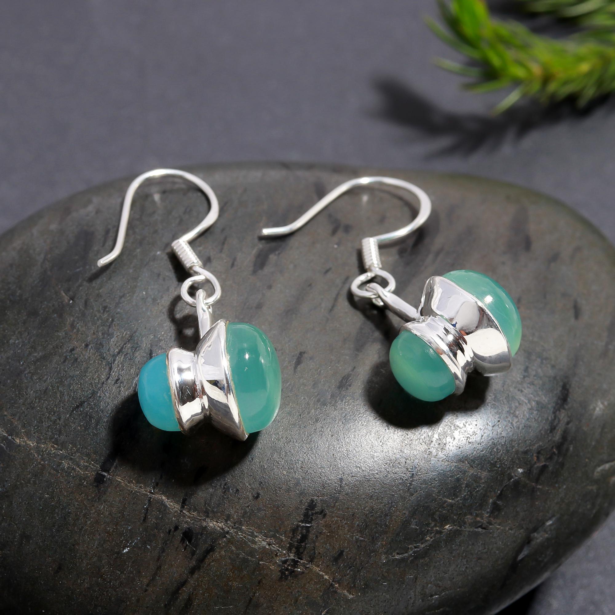 925 Silver Aqua Chalcedony Dangle Earrings