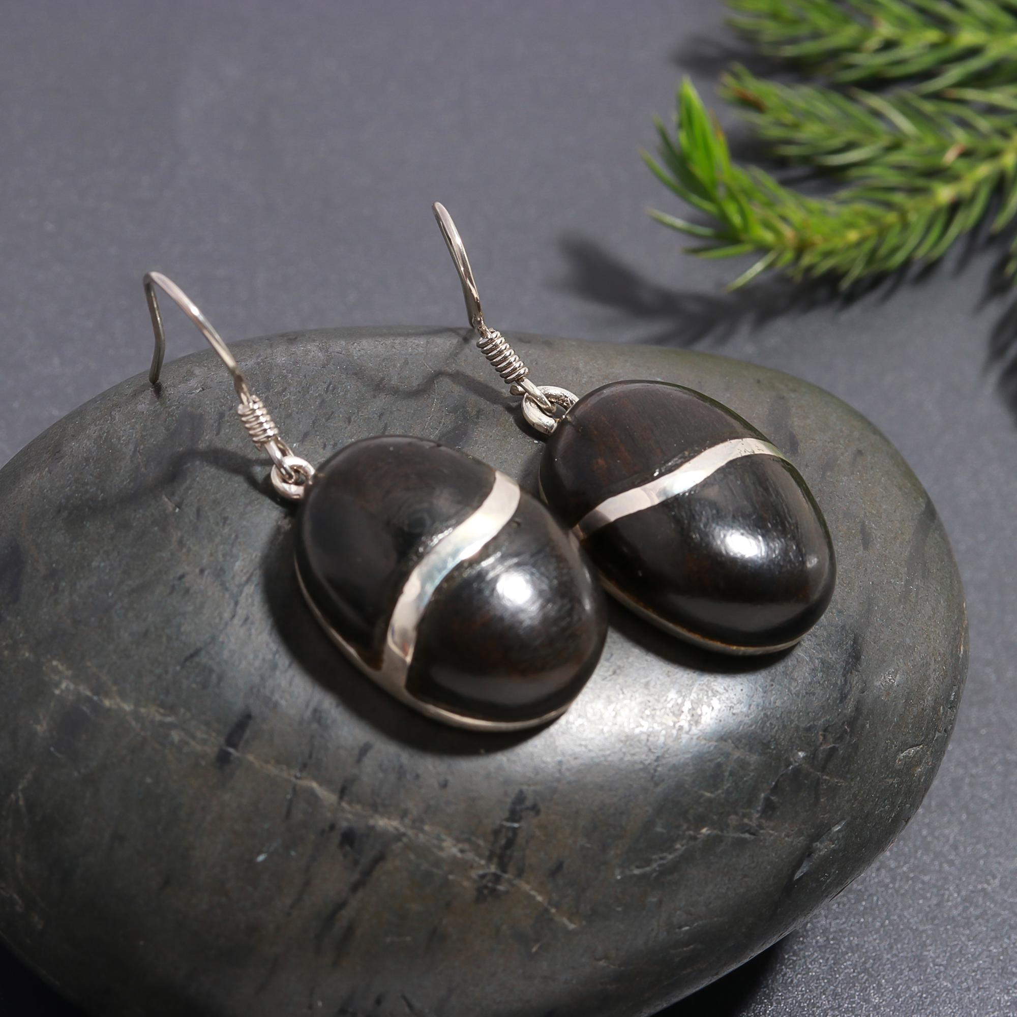 925 Silver Ebony Wood Dangle Earrings