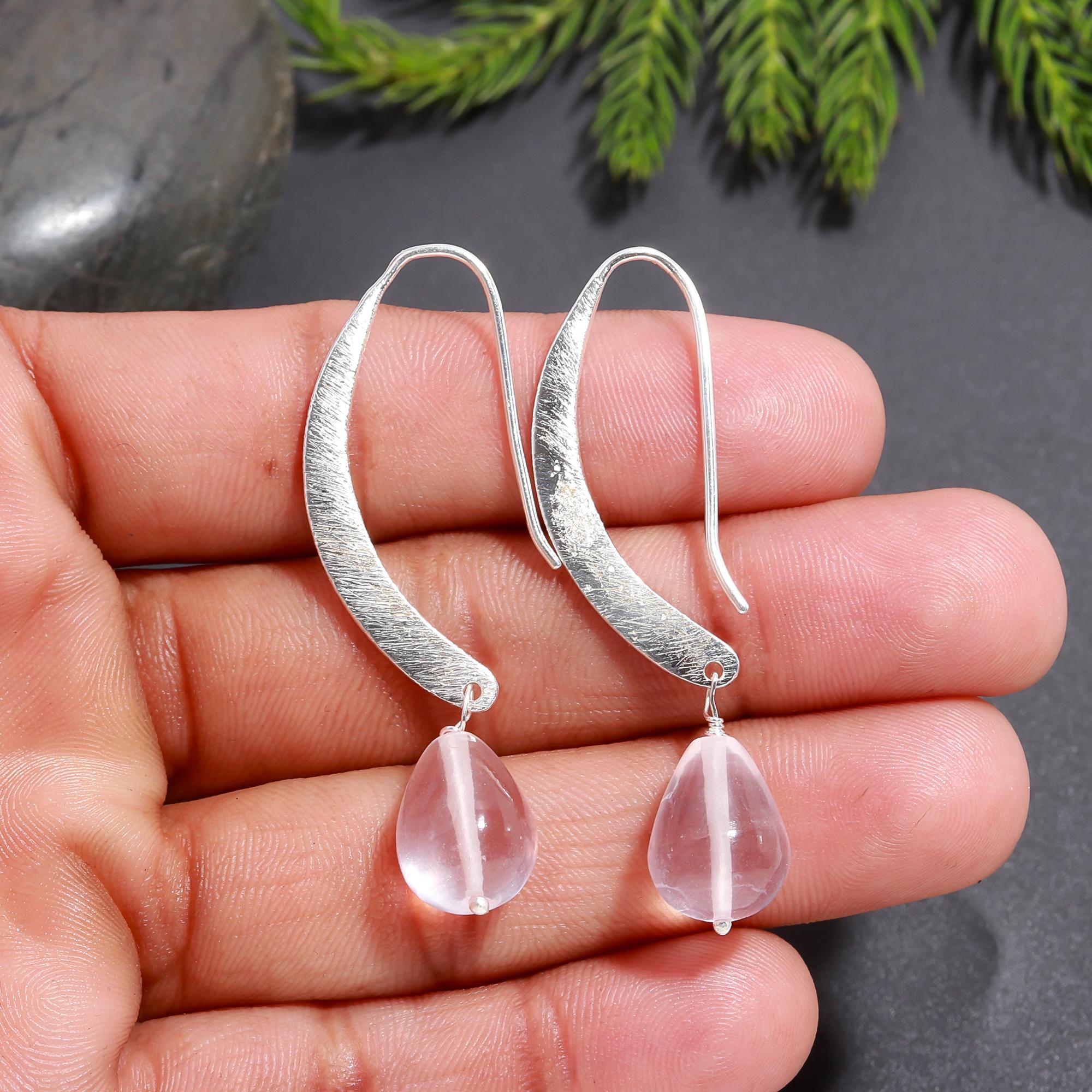 925 Silver Rose Quartz Dangle Earrings