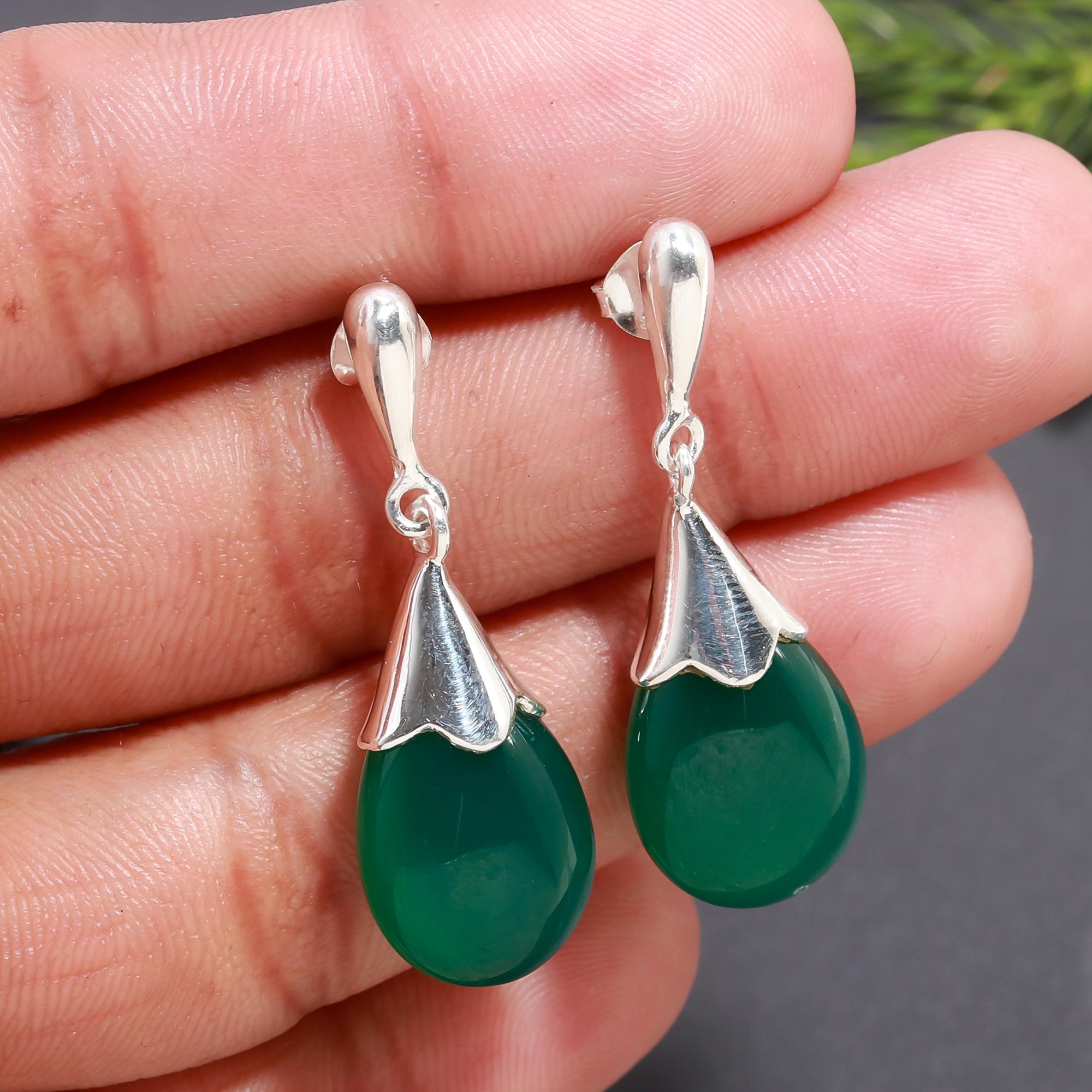 925 Silver Green Onyx Drop Earrings