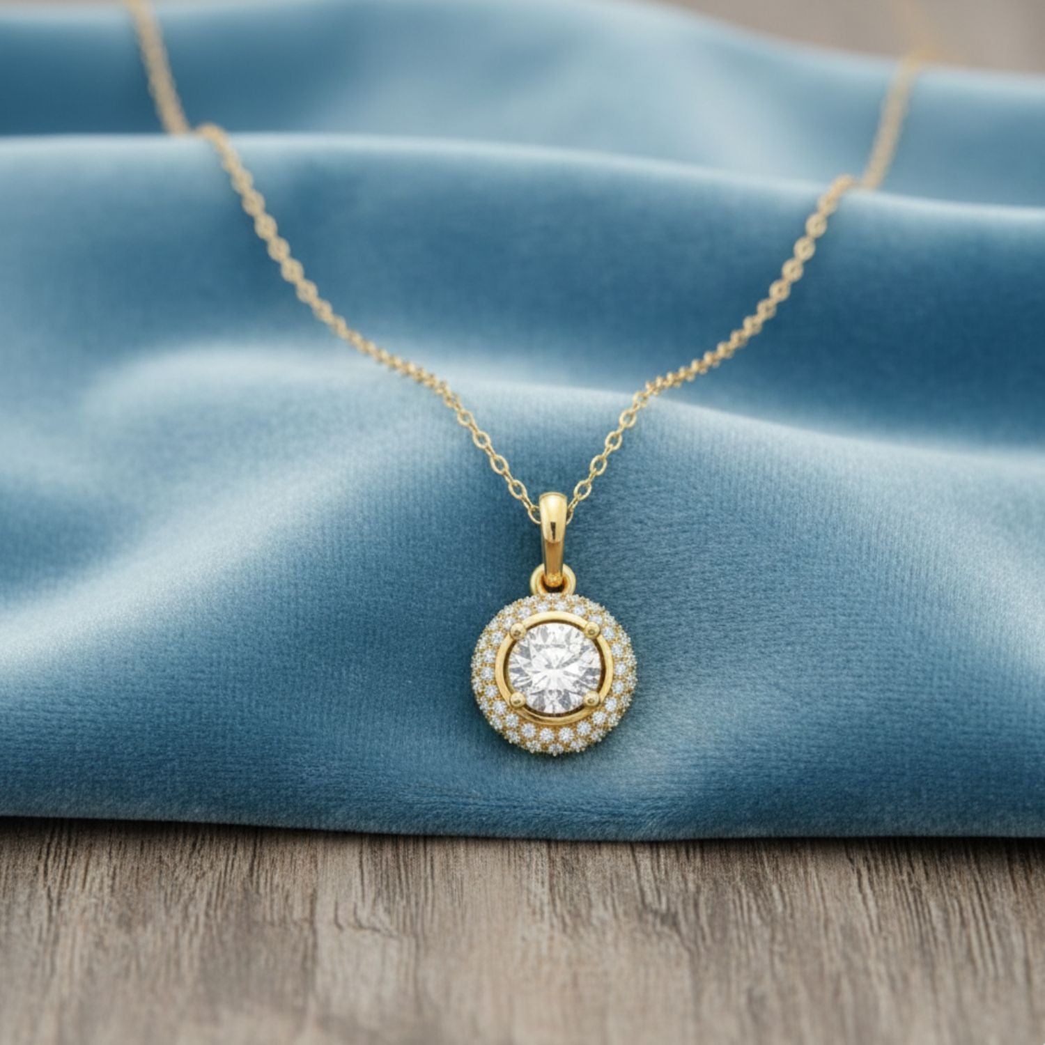 925 Sterling Silver Gold Plated Round Moissanite Halo Pendant Necklace