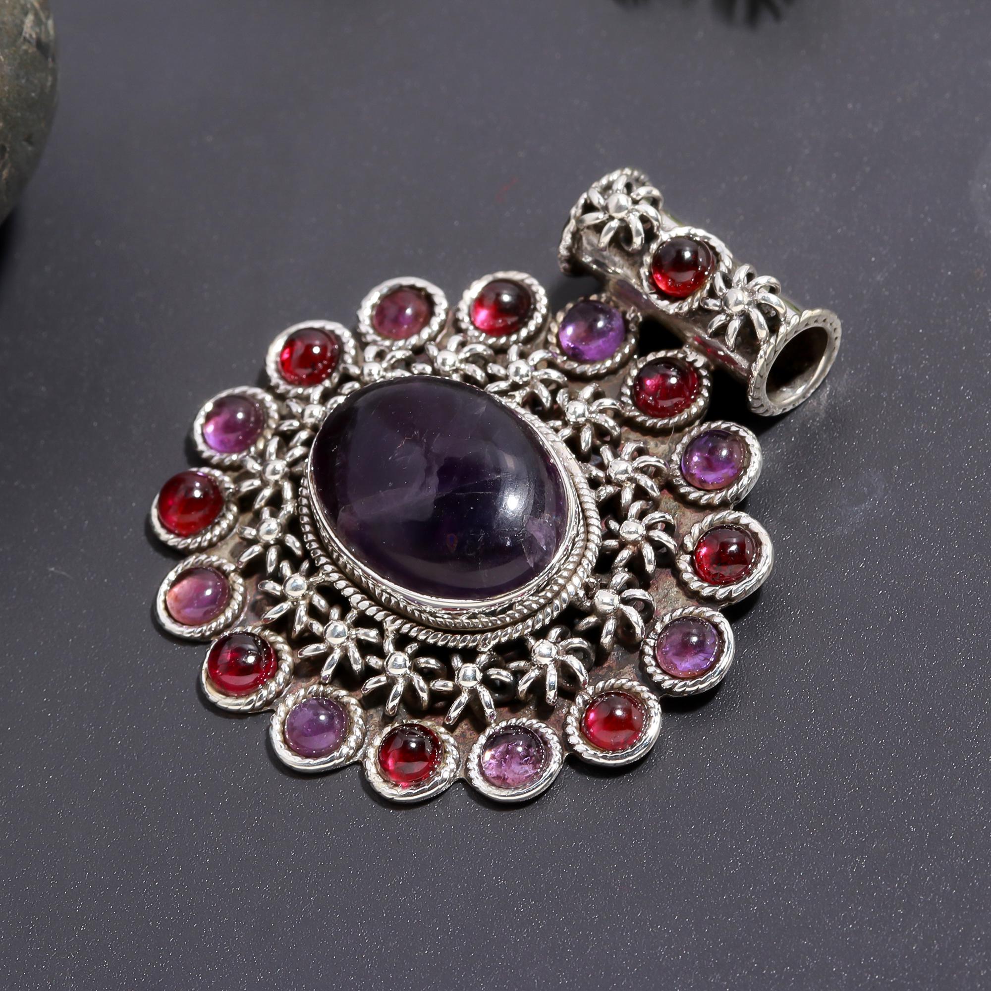 925 Silver Amethyst & Garnet Statement Pendant