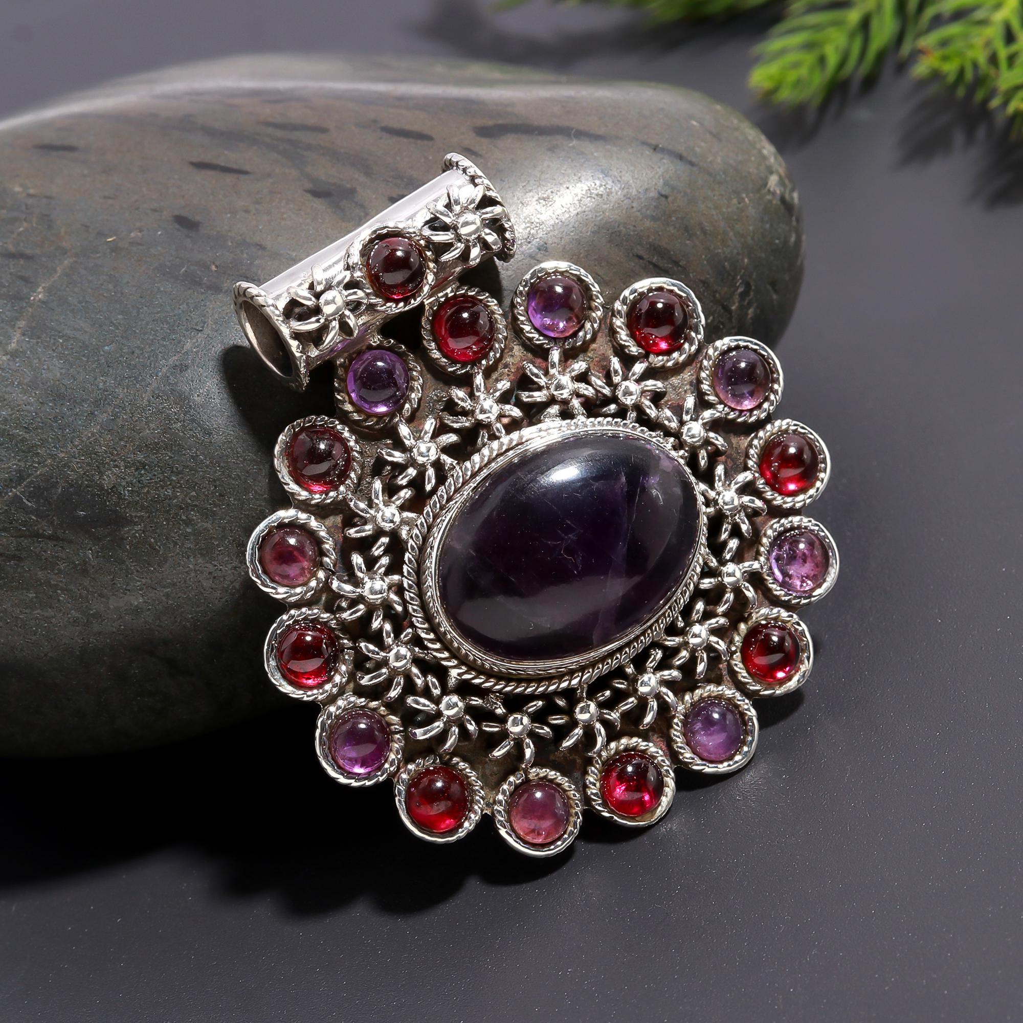 925 Silver Amethyst & Garnet Statement Pendant