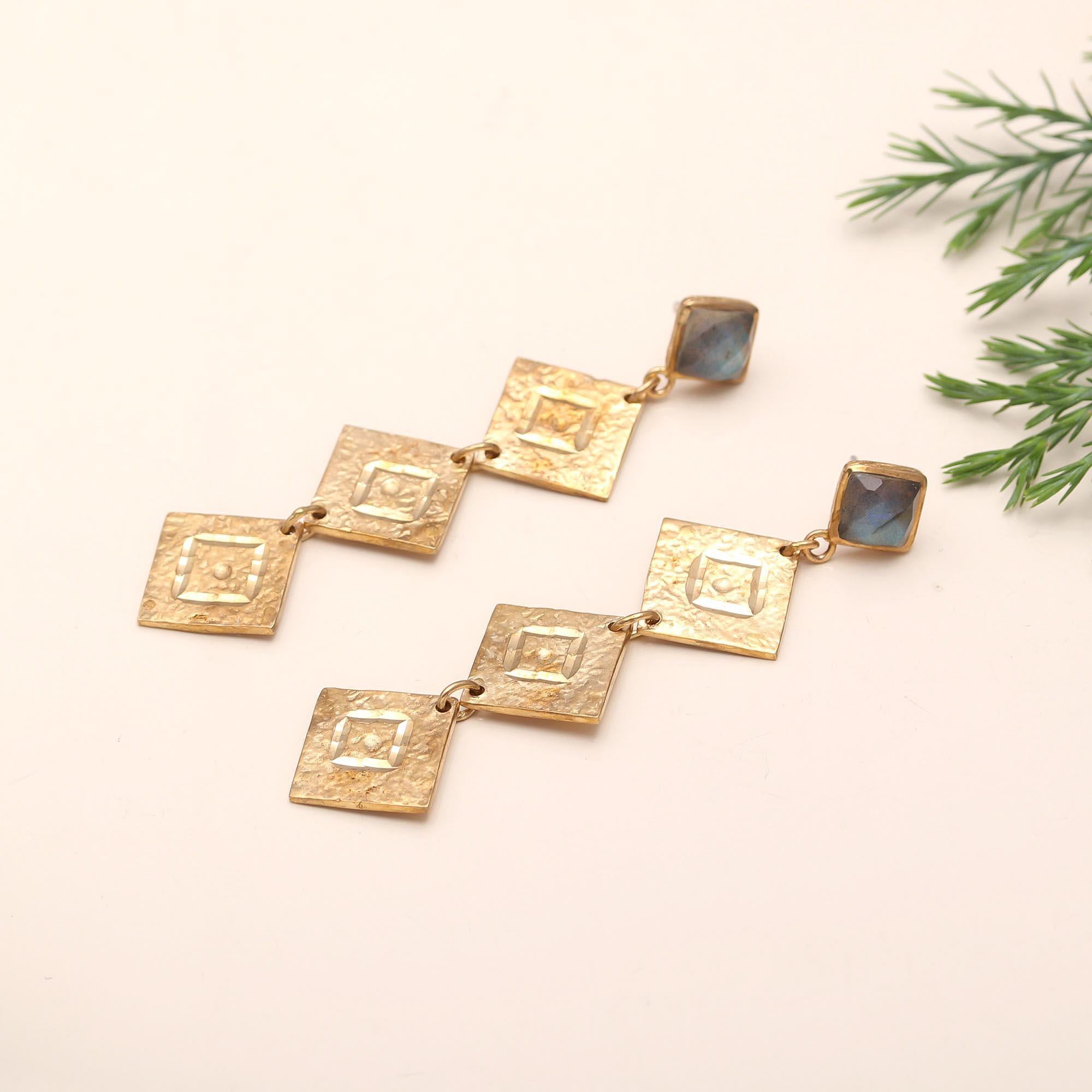 The Golden Quad: Labradorite & Textured Square Drop Earrings