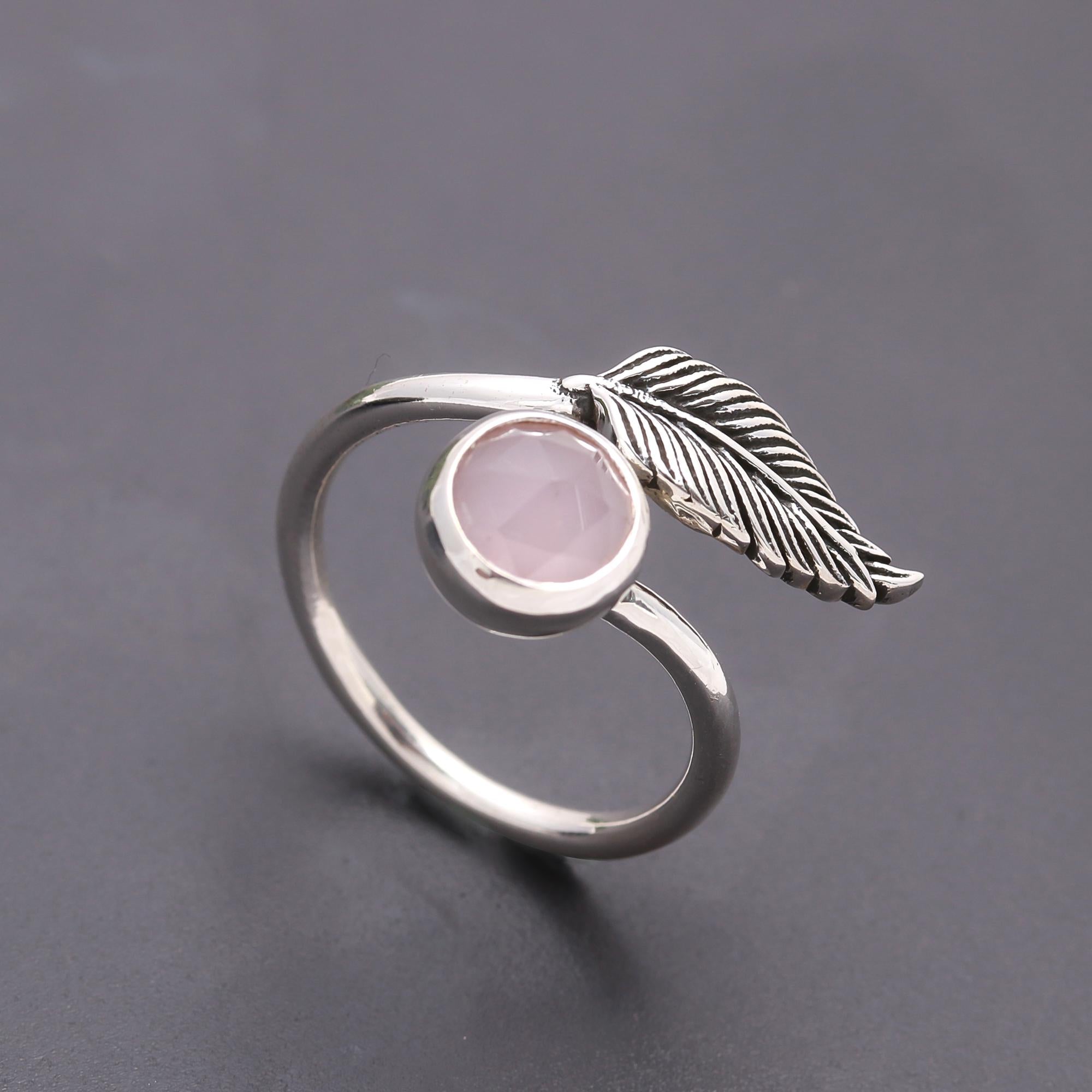 925 Silver Rose Quartz Adjustable Leaf Ring