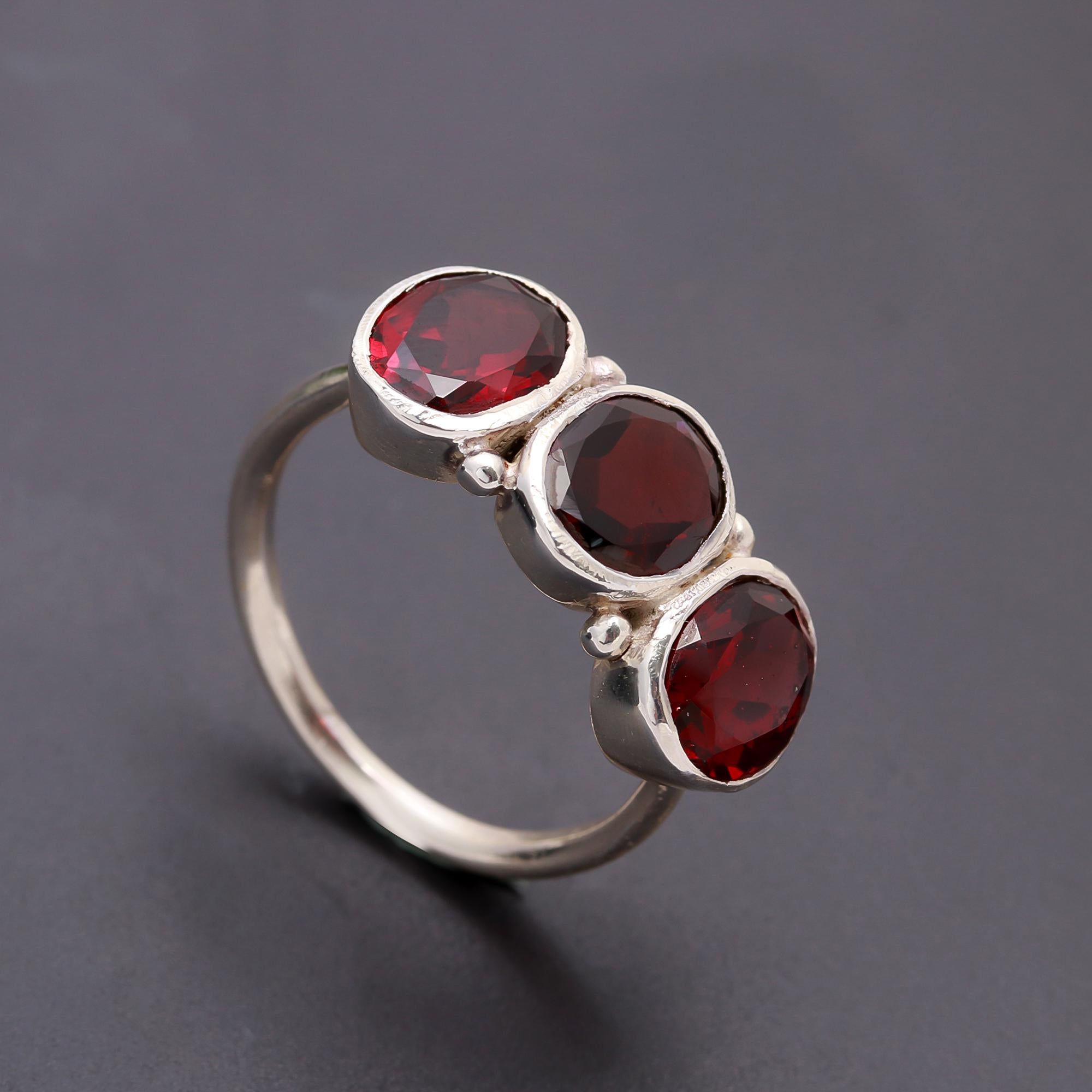 925 Silver Three-Stone Garnet Ring