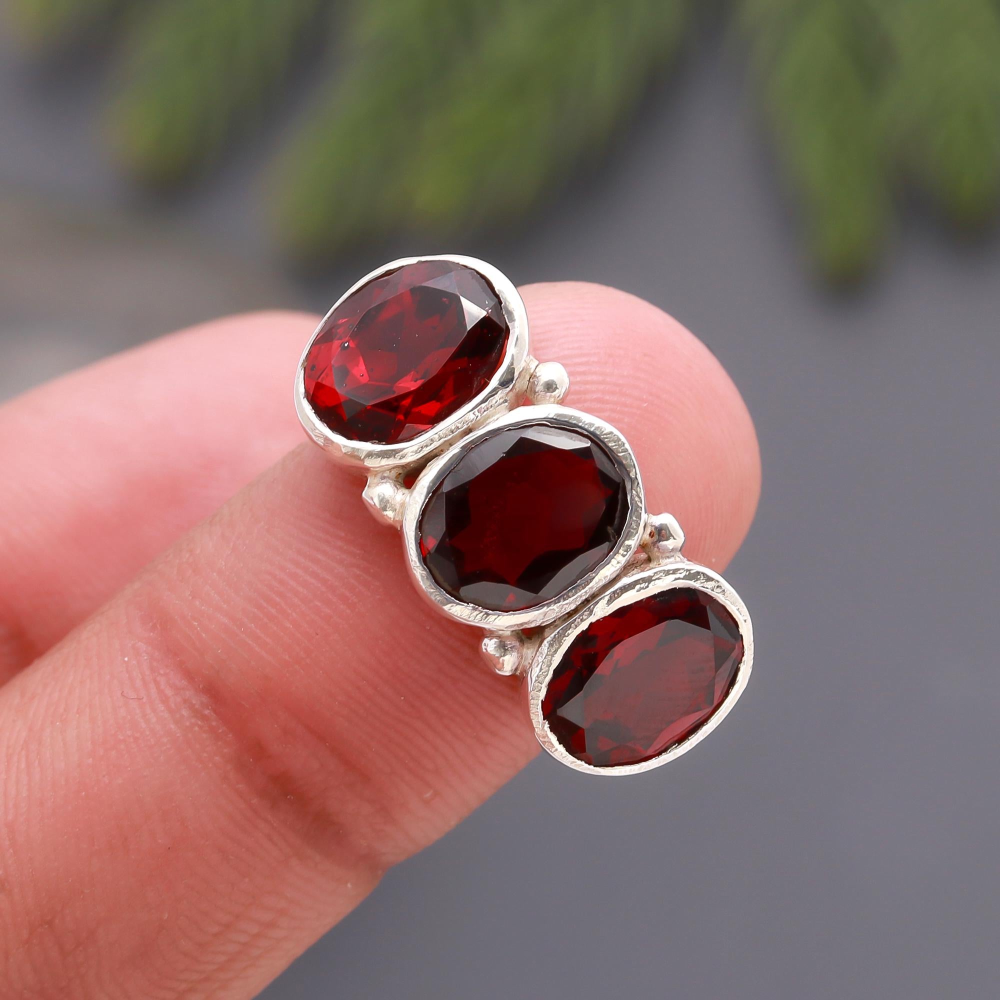925 Silver Three-Stone Garnet Ring